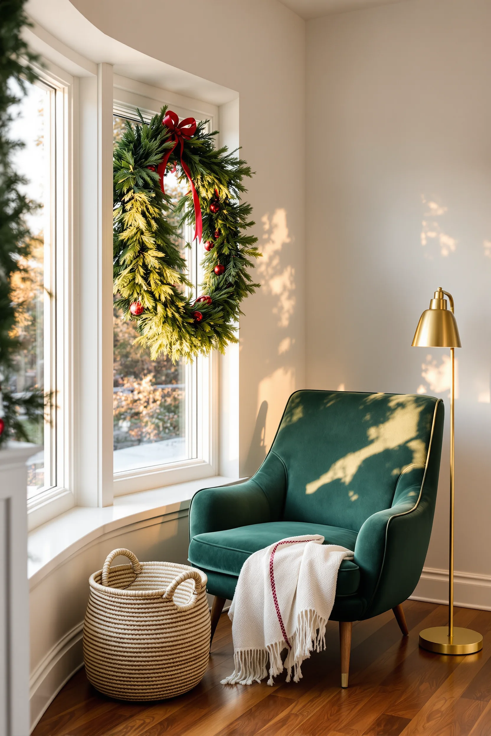 holiday reading nook inspiration showing cozy seating area with christmas garland and warm lighting