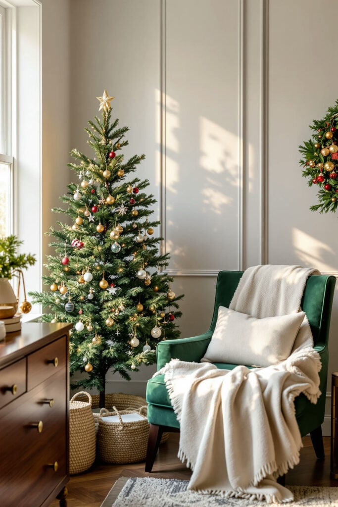 holiday-reading-nook-designs-with-forest-green-chair-brass-accents-cream-throw-blanket