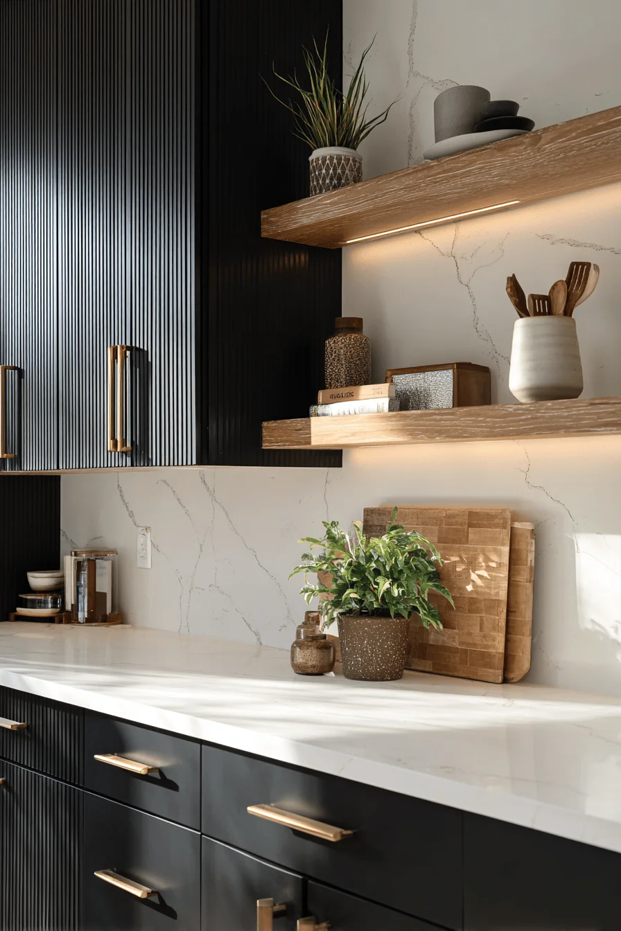 kitchen with black cabinets designs showing dramatic led lighting with natural wood shelves and modern fixtures