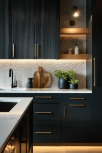 kitchen with black cabinets ideas featuring matte textured doors with white quartz countertops and brass hardware