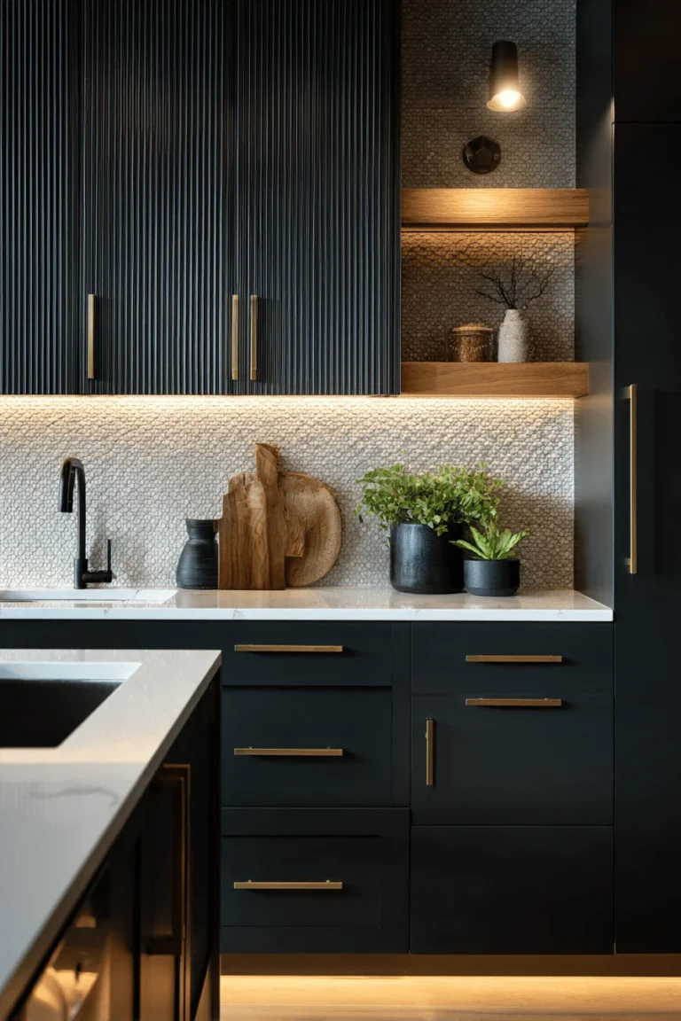 kitchen with black cabinets ideas featuring matte textured doors with white quartz countertops and brass hardware