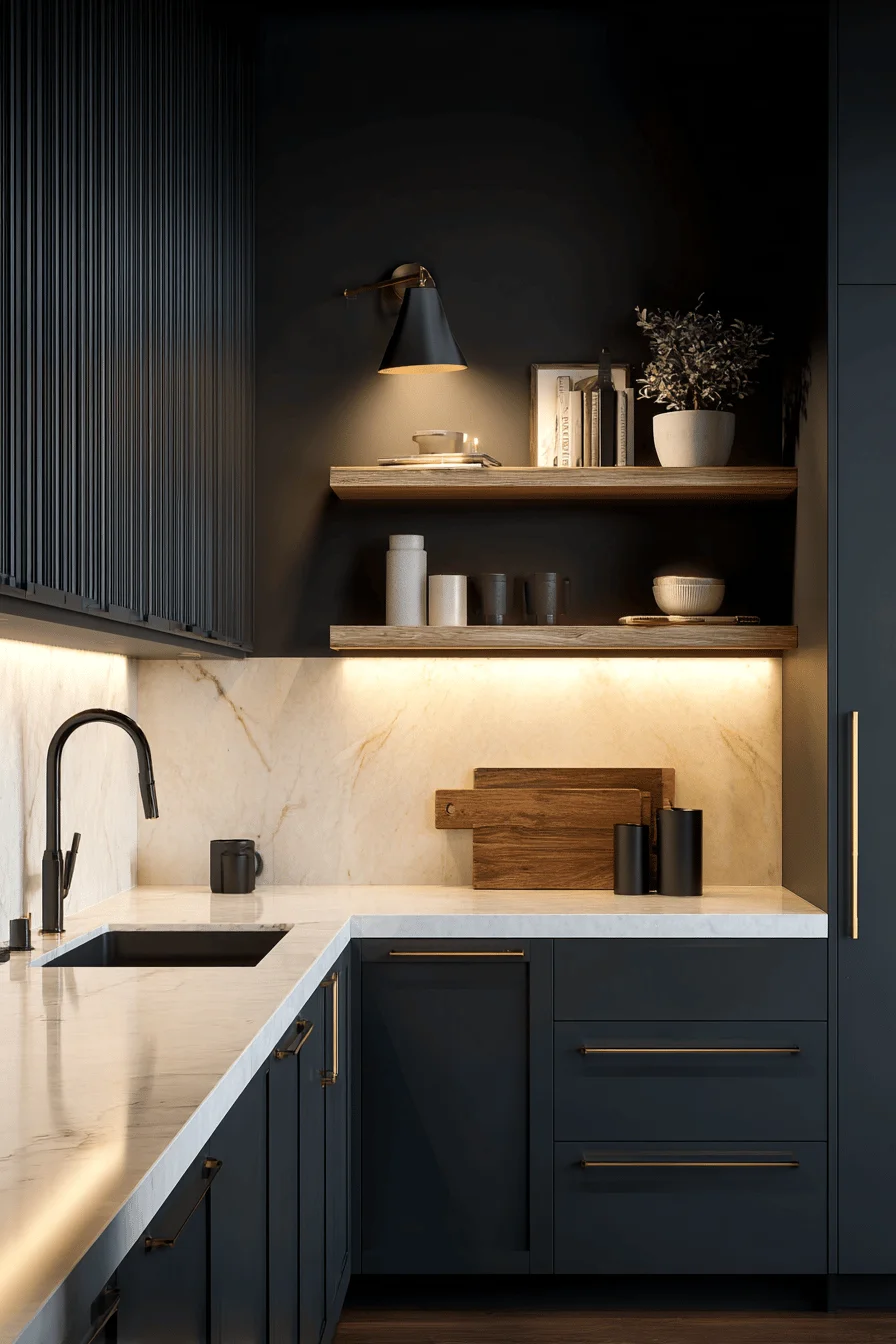 kitchen with black cabinets inspiration displaying contemporary style with striking contrast and professional lighting composition