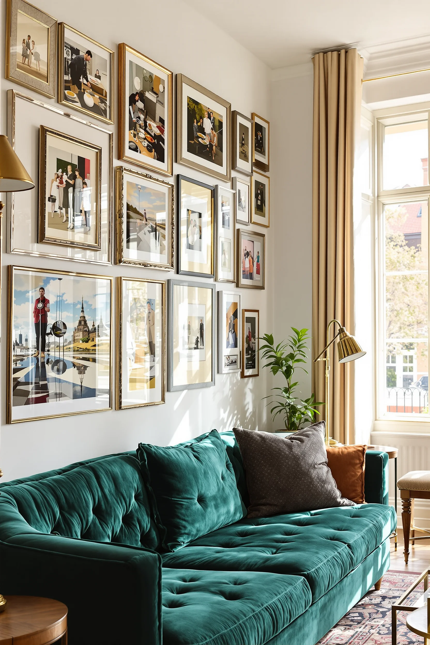 living room maximalist ideas featuring emerald velvet sofa with dramatic gallery wall and brass accents