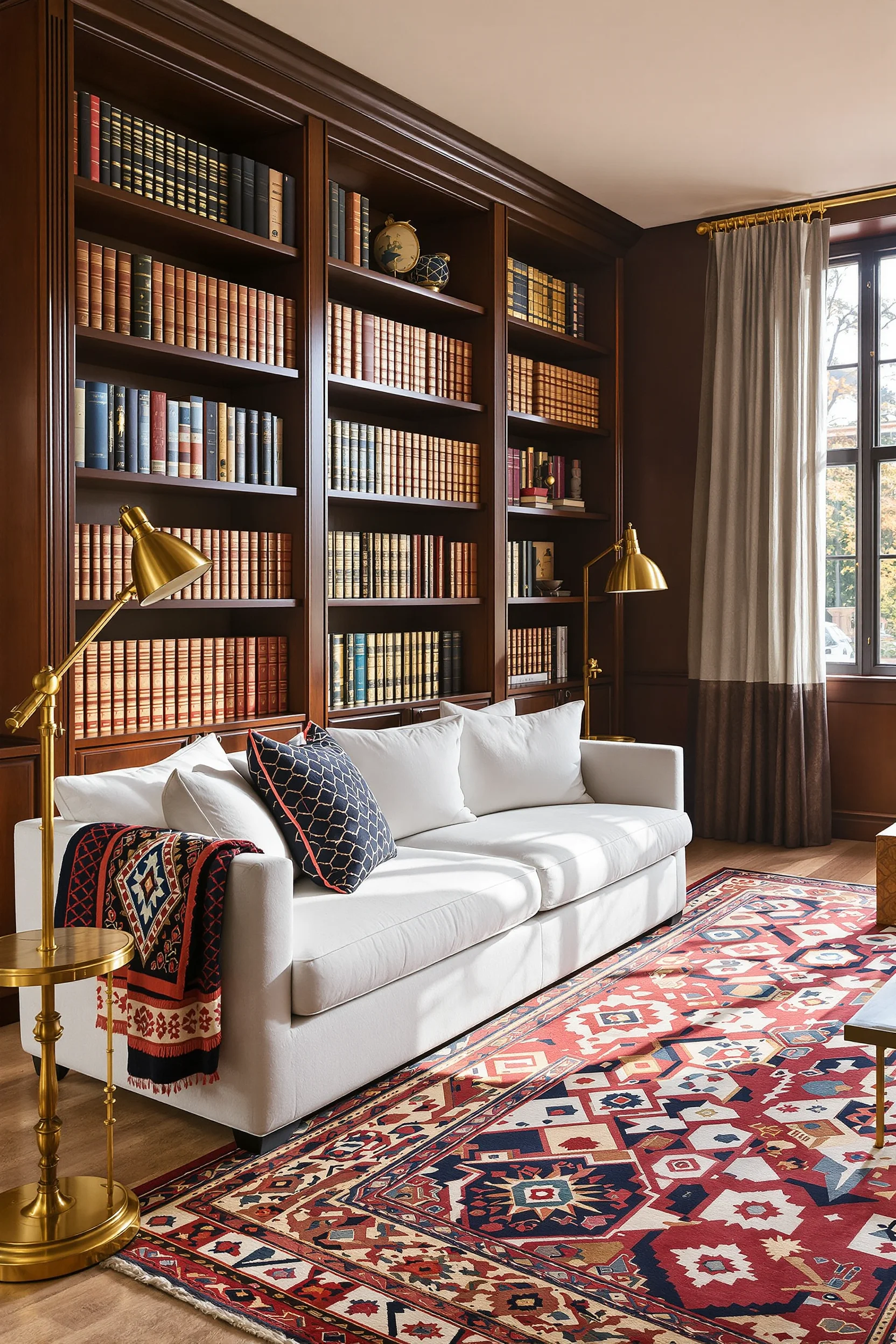 luxury living room designs showcasing persian textile with brass lamp and leather bound book collection