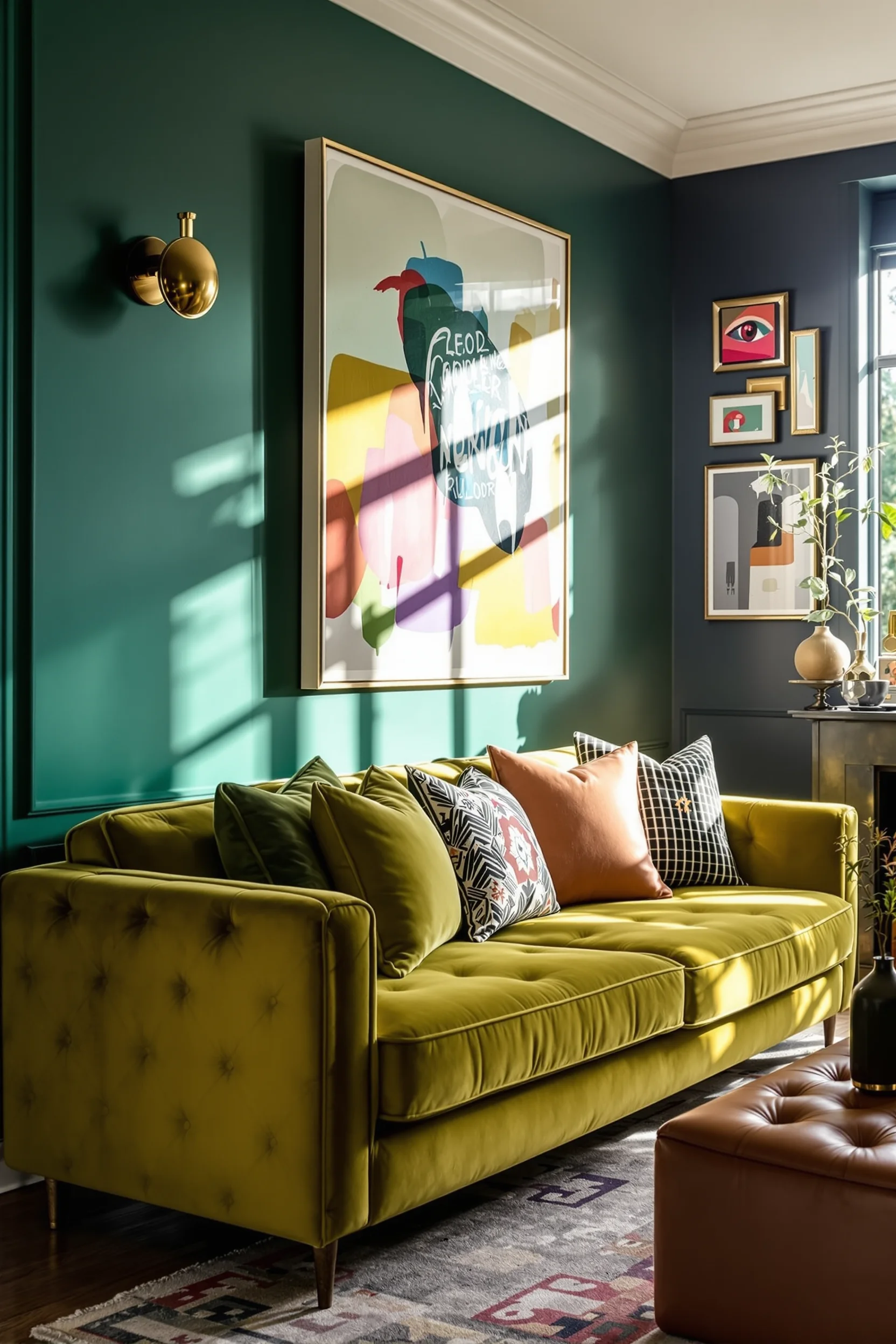 maximalist living room aesthetics showcasing vibrant colors luxurious textures and statement furniture pieces together