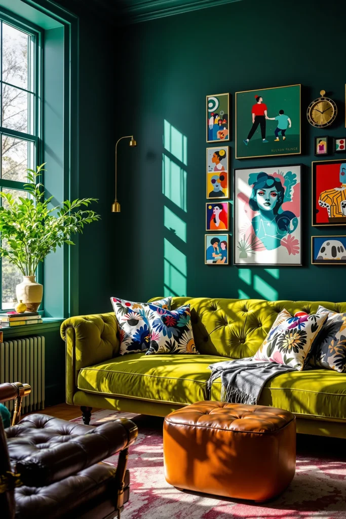 maximalist living room designs showing colorful eclectic gallery wall with vintage artwork and bold styling