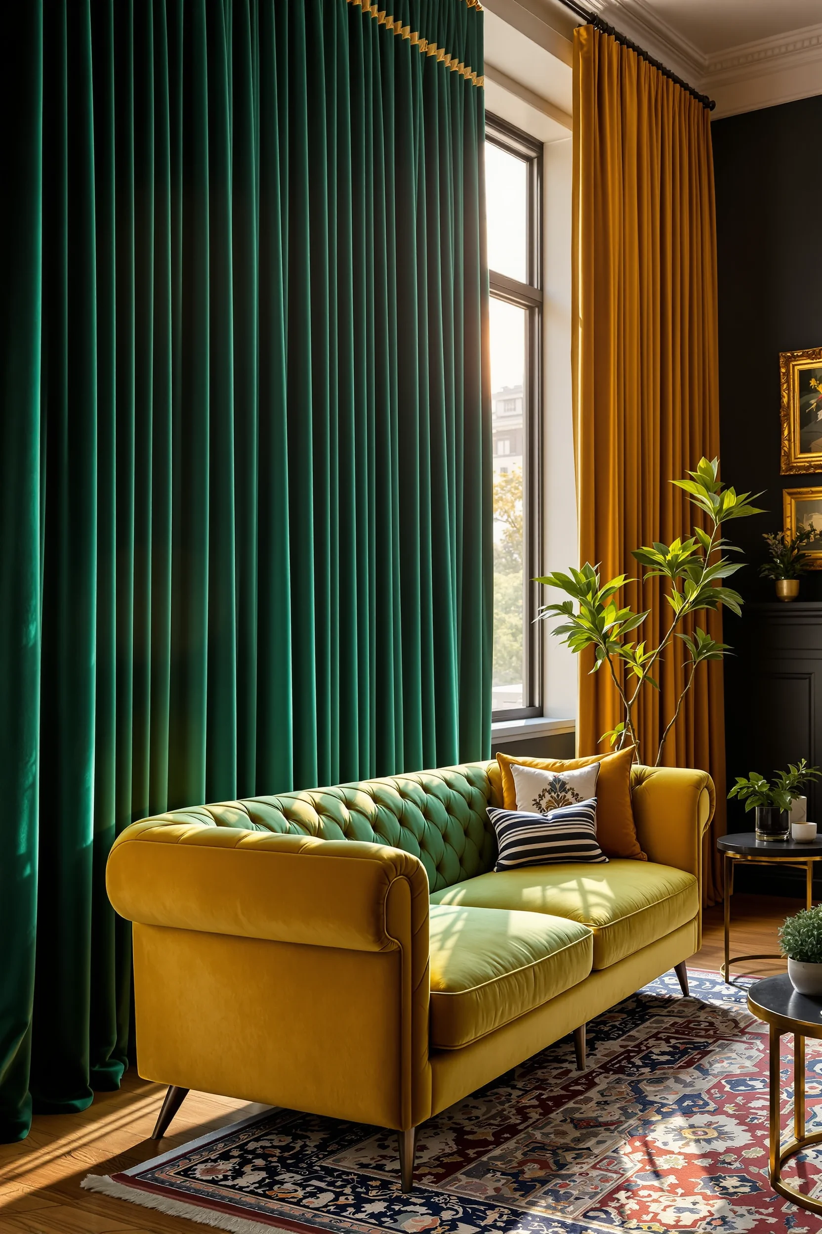 maximalist living room designs with dramatic floor to ceiling green curtains and brass hardware details