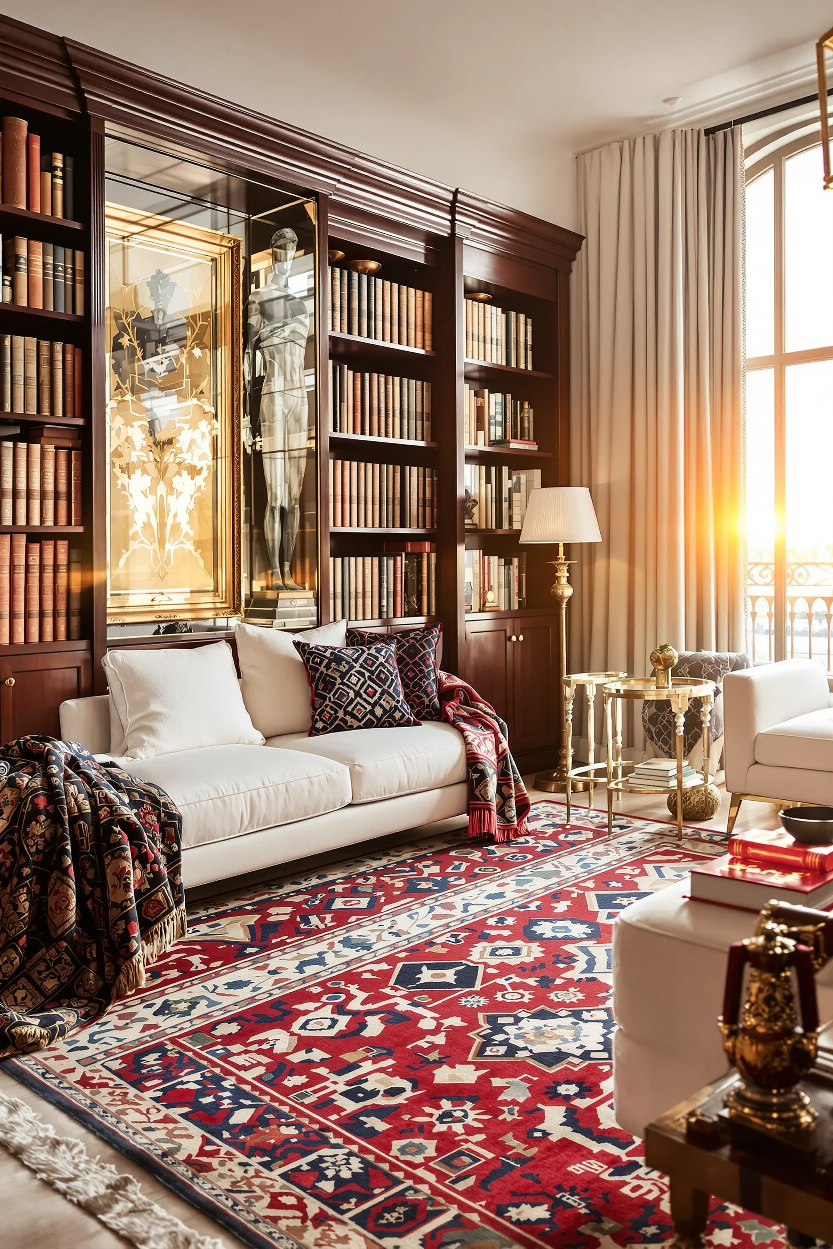 maximalist living room ideas featuring bold geometric patterned rug with white linen sofa and dark bookshelf