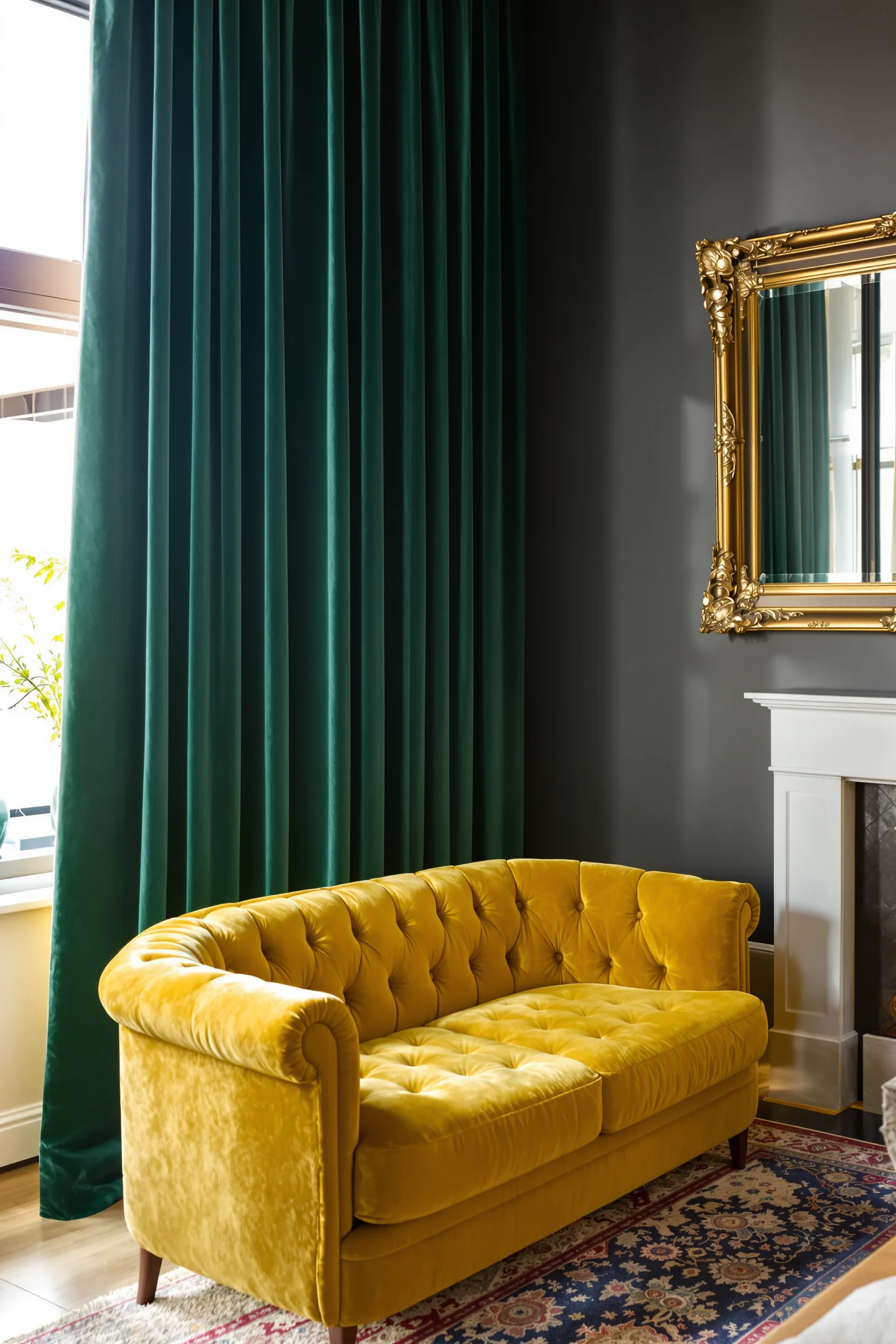 maximalist living room ideas featuring emerald velvet curtains and mustard yellow tufted sofa against charcoal walls