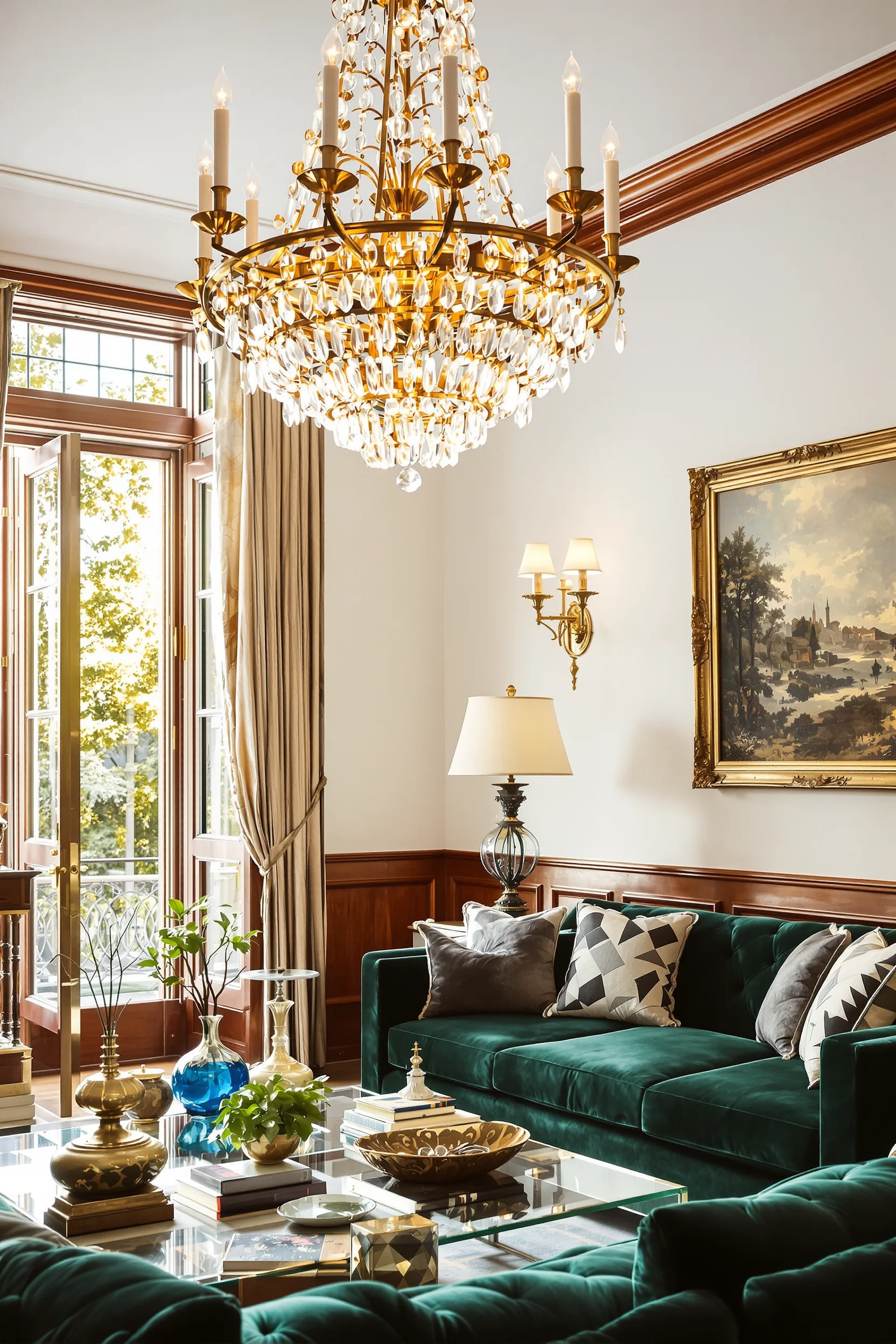 maximalist living room ideas featuring ornate crystal chandelier with emerald velvet sofa and gallery wall