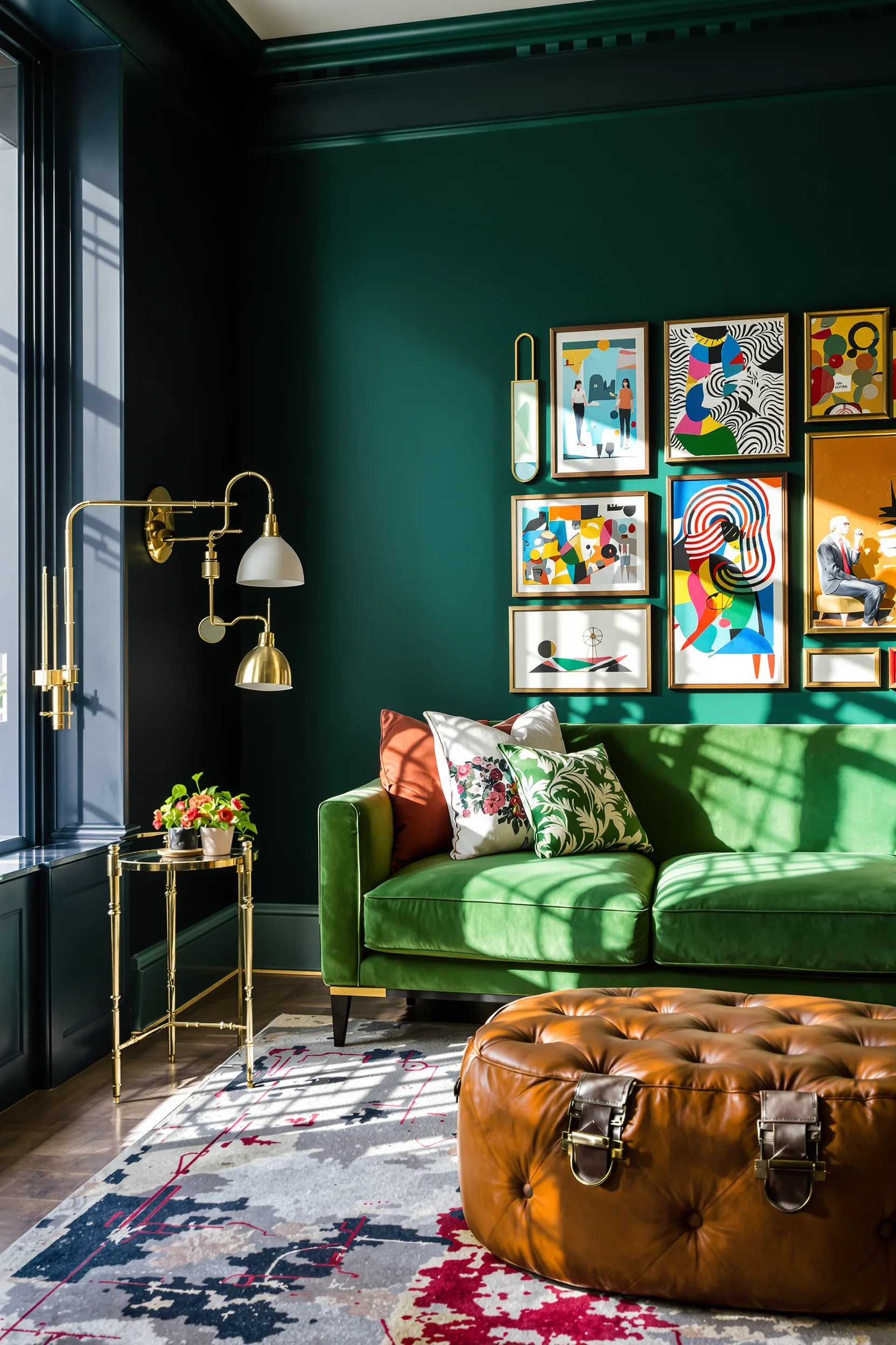 maximalist living room inspiration displaying rich navy backdrop with cognac leather ottoman and dramatic lighting