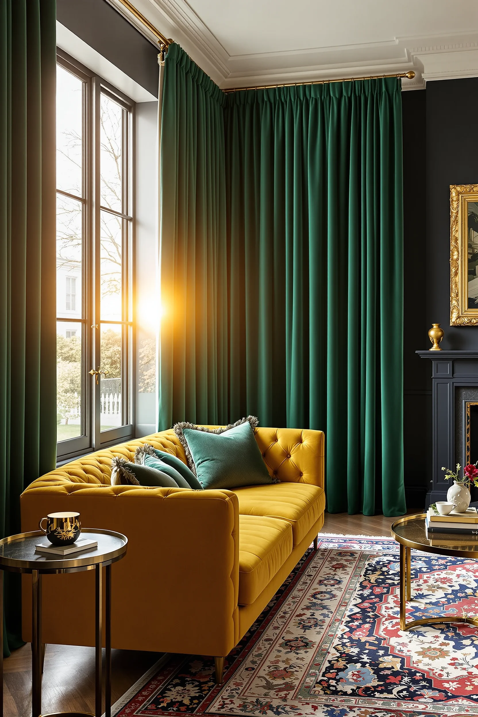 maximalist living room inspiration showing bold curtains living room style with persian rug and gallery wall