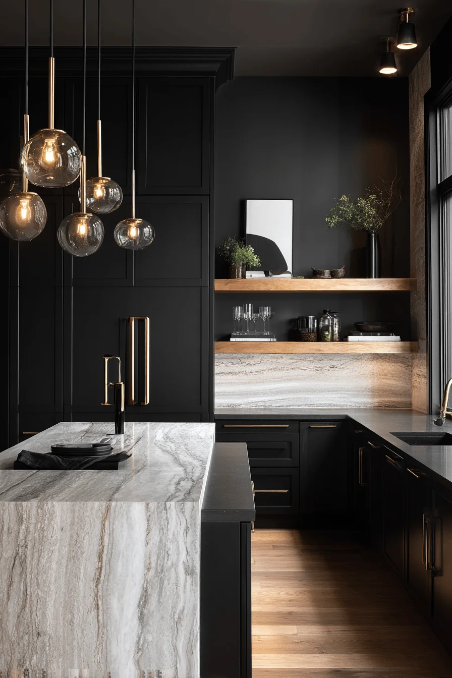 modern black kitchen cabinet designs showcasing ceiling height cabinetry with contrasting marble surfaces and pendant lighting