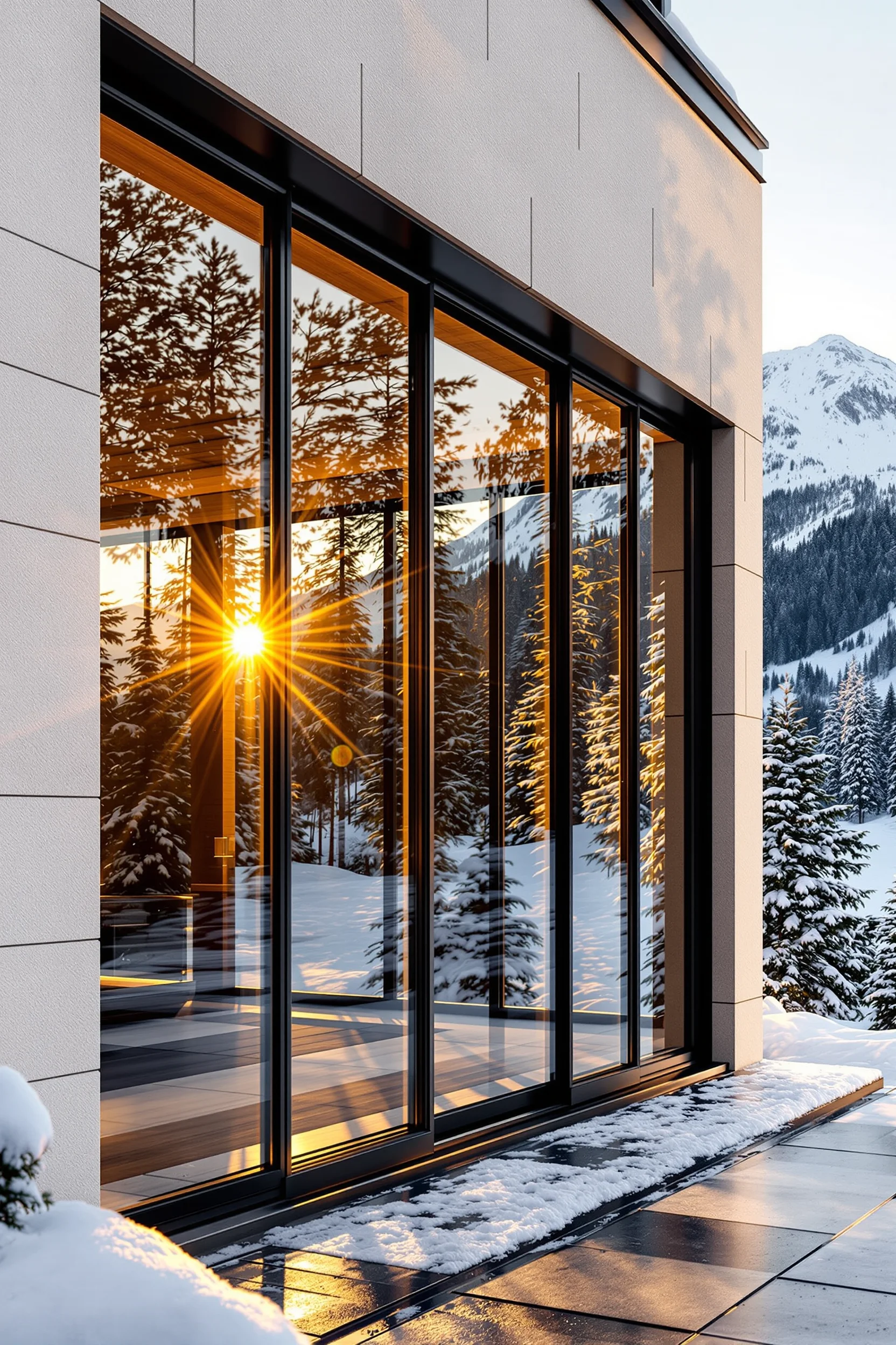 modern mountain exterior inspiration displaying premium stone walls with dramatic black framed glass windows