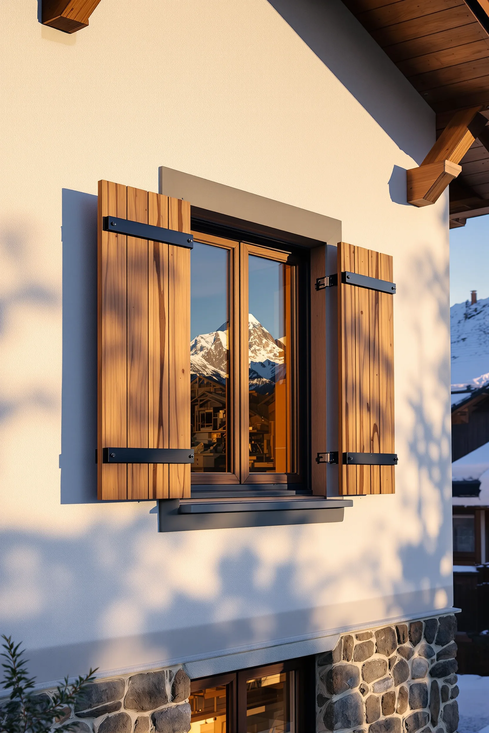 modern mountain home exterior aesthetics displaying wood grain shutters amber interior glow mountain vista views