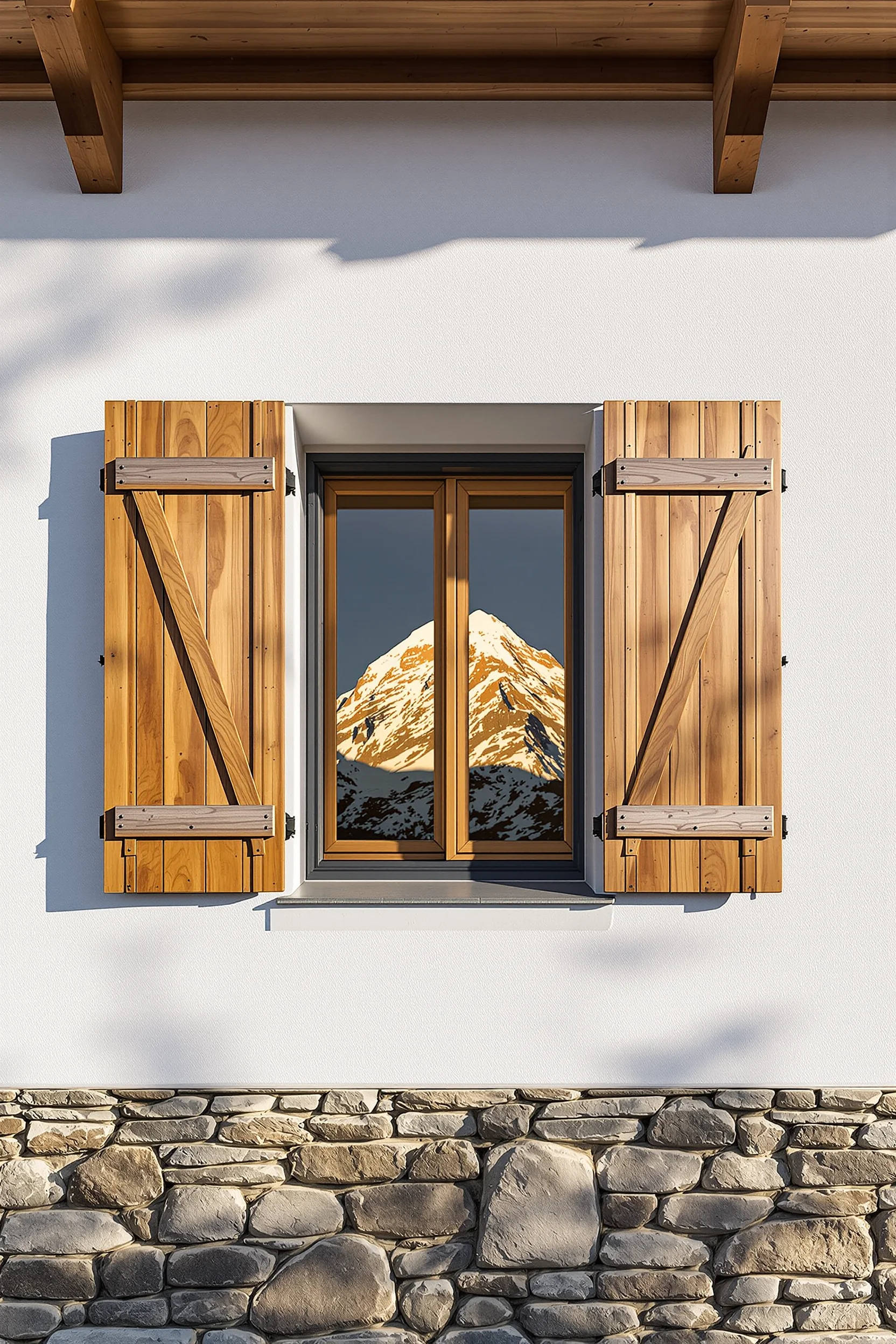 modern mountain home exterior designs showing stone foundation wood shutters golden hour lighting mountain peaks backdrop