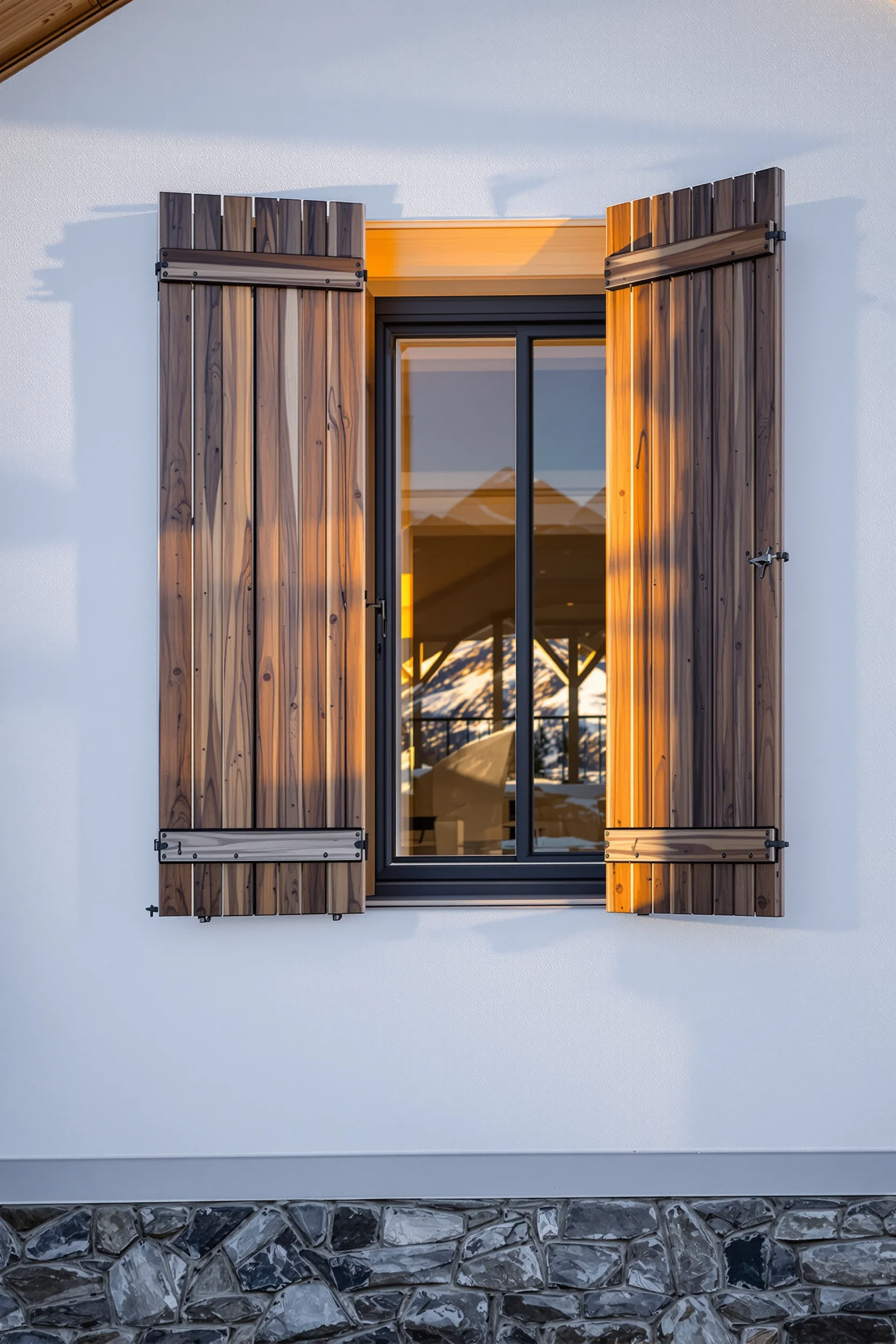 modern mountain home exterior inspiration with white stucco walls wood shutters snow dusted roofline blue sky