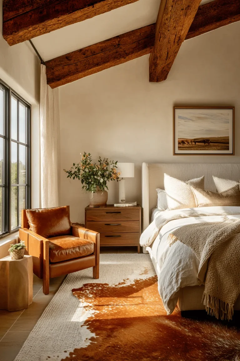 modern ranch bedroom aesthetics displaying vintage leather chair wool throw dramatic window lighting