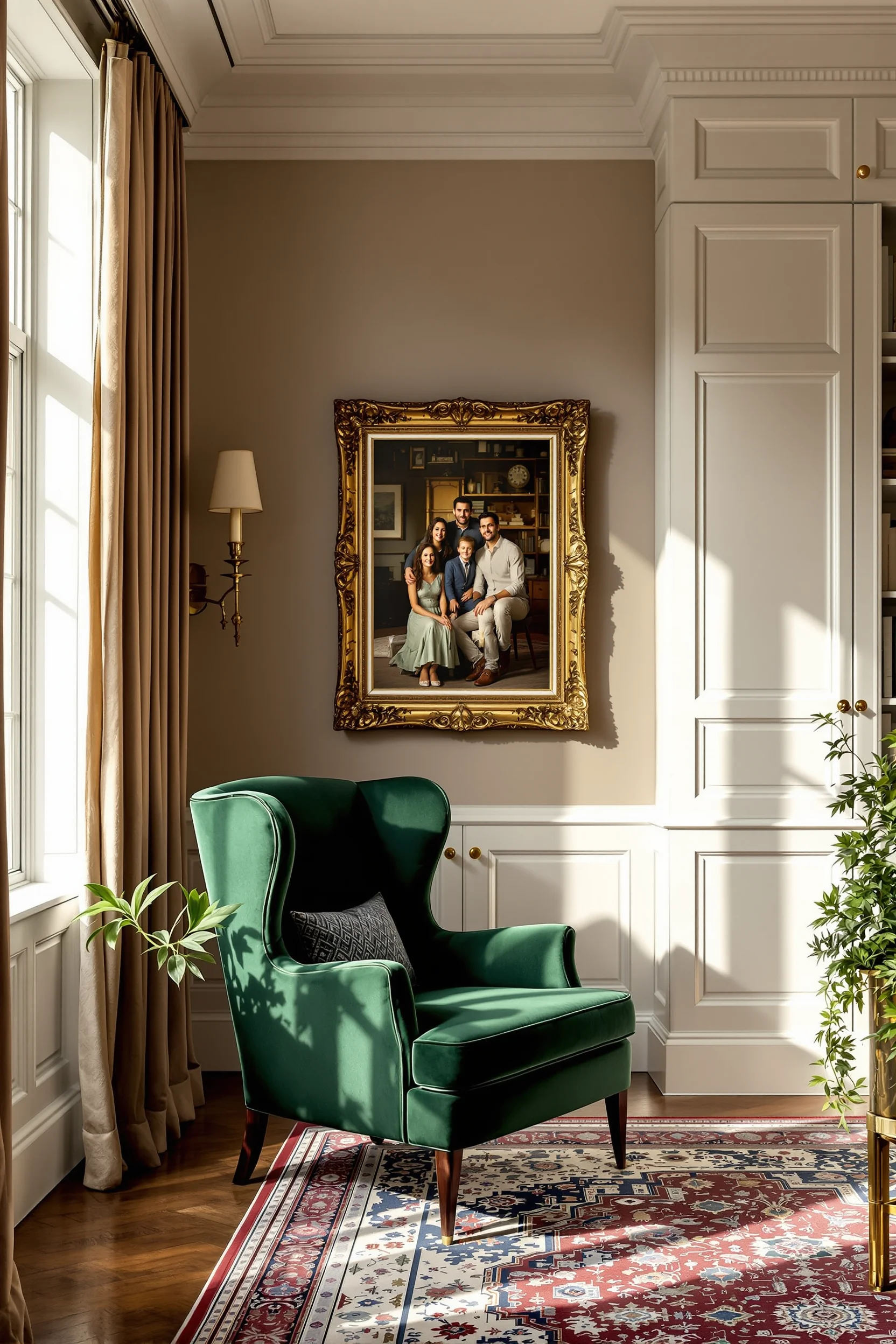 moody maximalist living room aesthetics displaying rich mahogany finishes vintage brass hardware and cascading greenery details