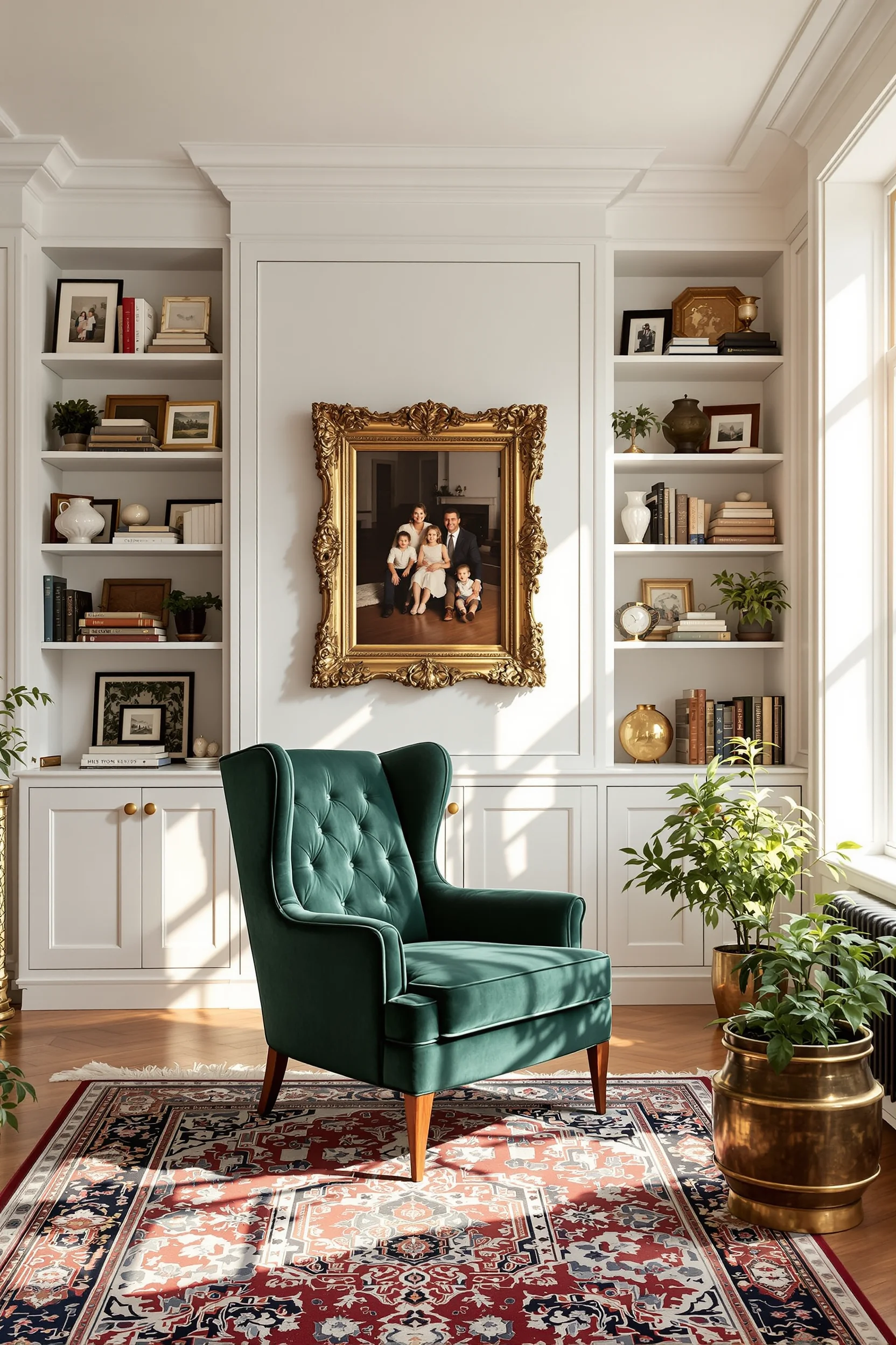 moody maximalist living room designs showcasing dramatic contrast between white built in bookshelf and dark furniture pieces