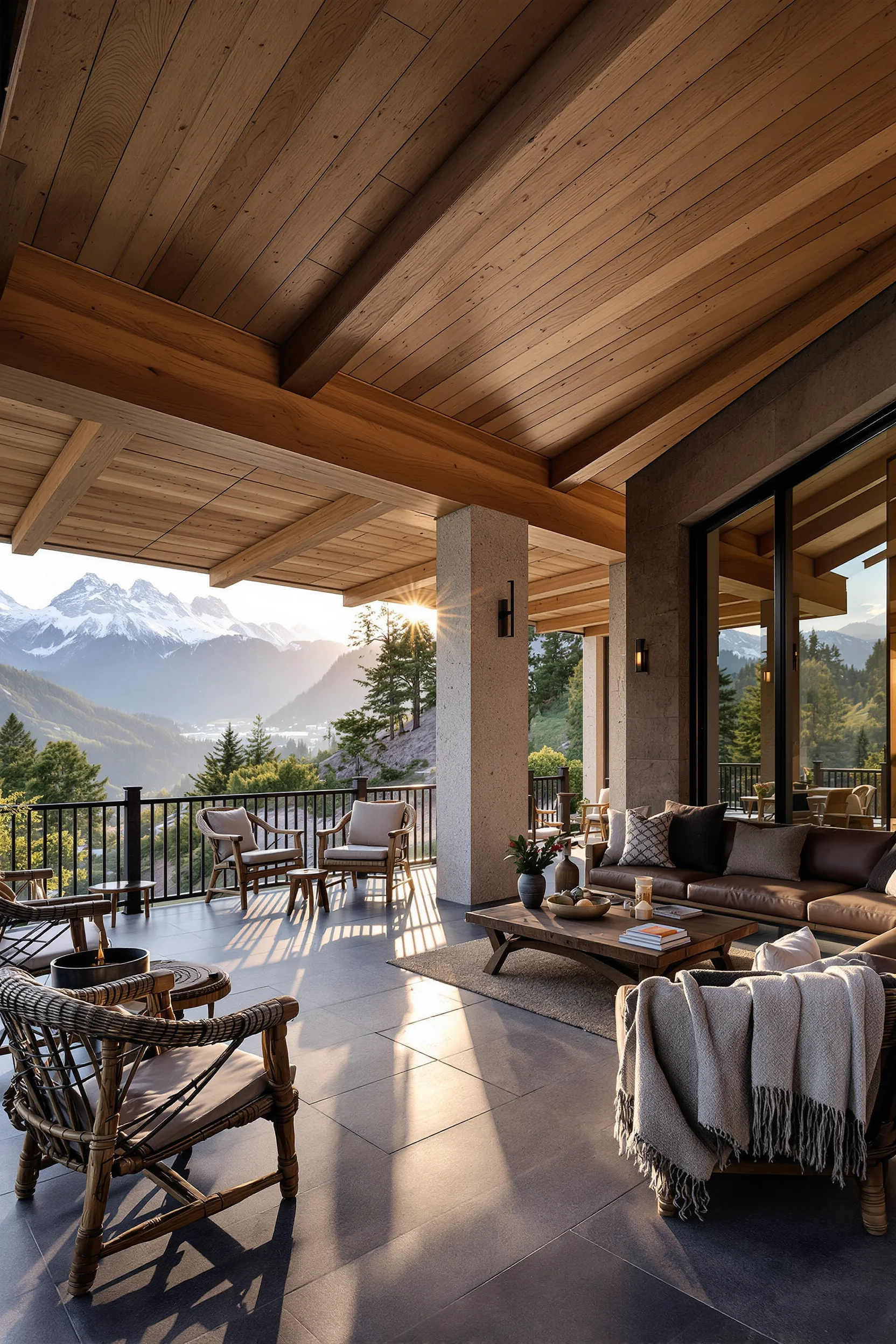 mountain cabin exterior inspiration displaying timber construction with stone elements and cozy seating areas