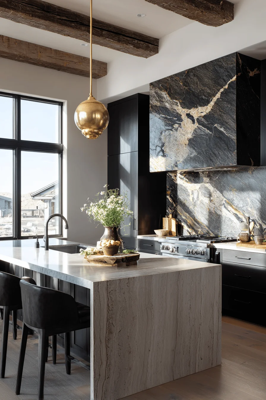 mountain cabin kitchen ideas featuring natural stone backsplash with charcoal cabinets and brass pendant lighting