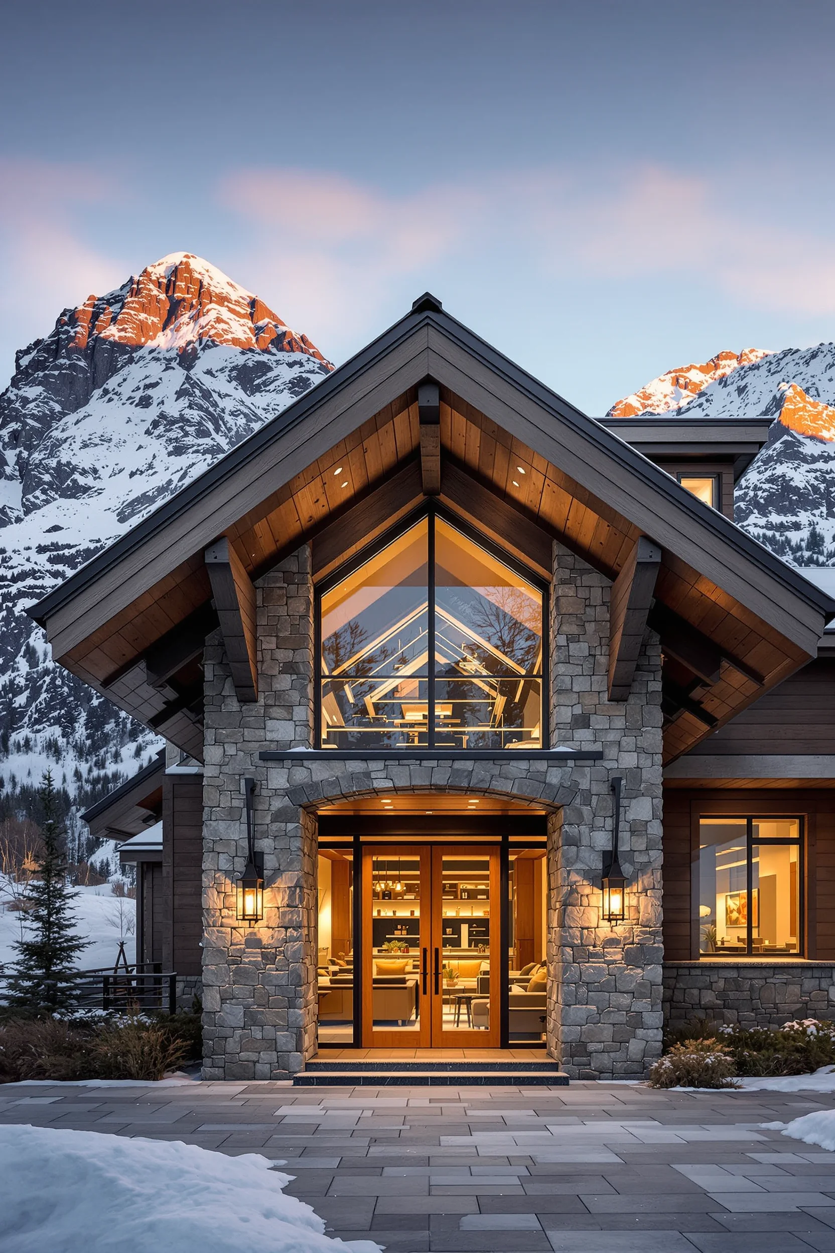 mountain cottage exterior ideas featuring stone facade entrance with dramatic lighting and snow peaks backdrop
