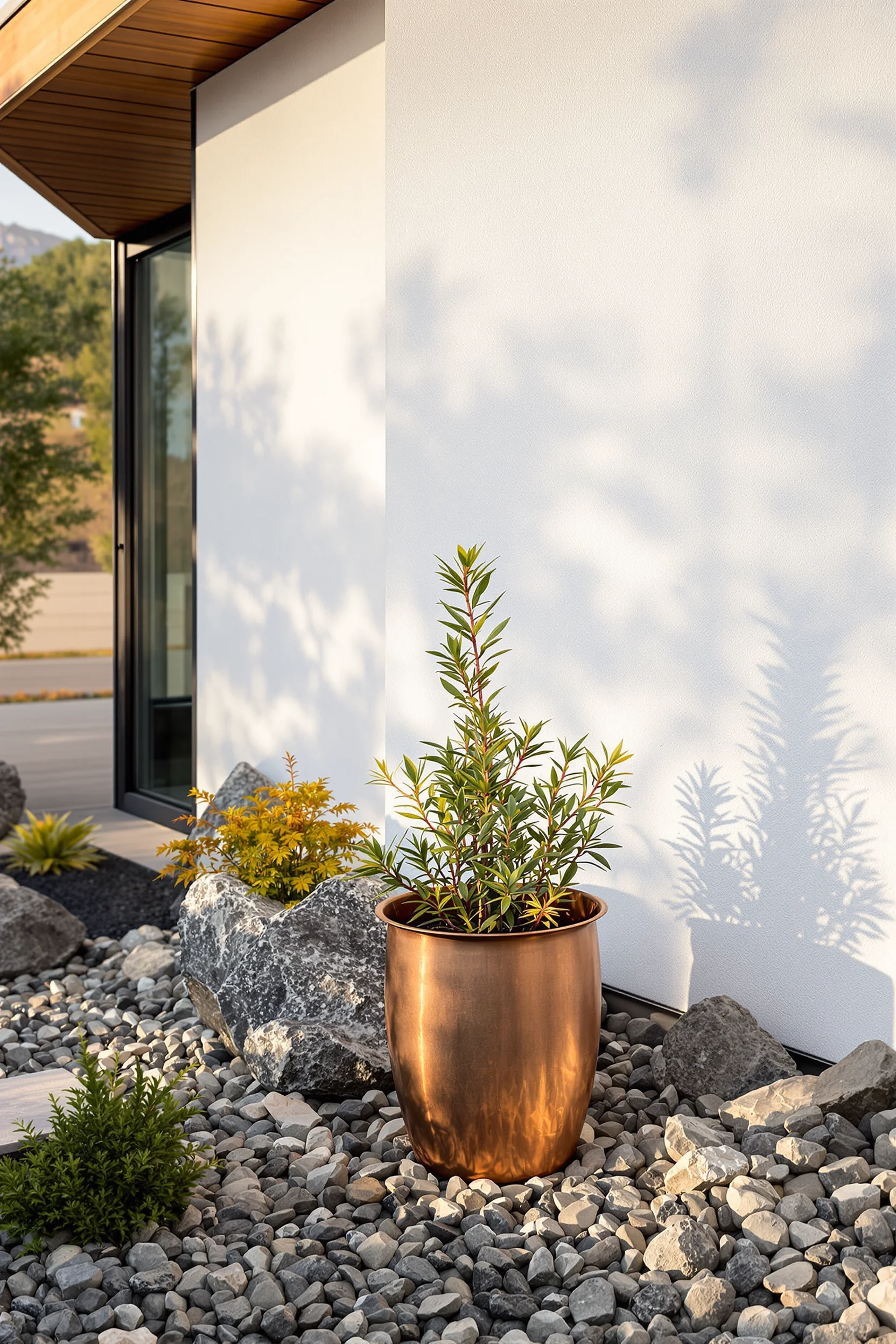mountain home exterior aesthetics displaying weathered copper accents against bright white stucco alpine architecture