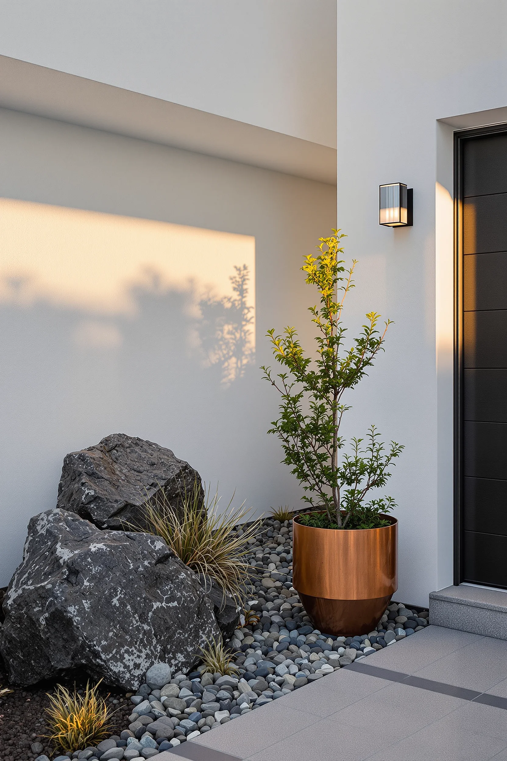 mountain home exterior designs showing granite boulders copper planters and golden hour mountain lighting