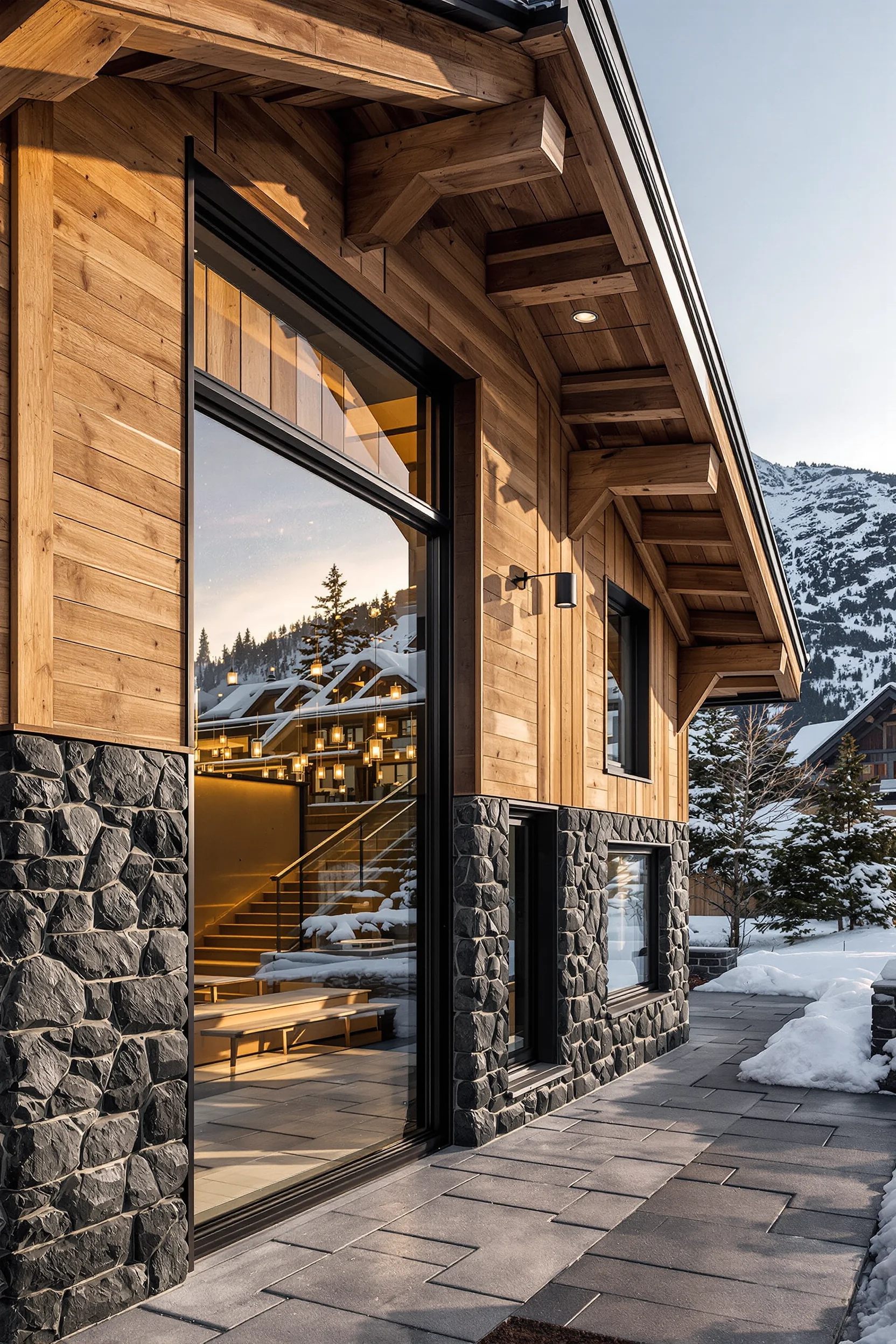 mountain home exterior designs showing weathered cedar planks and charcoal stone with snow backdrop