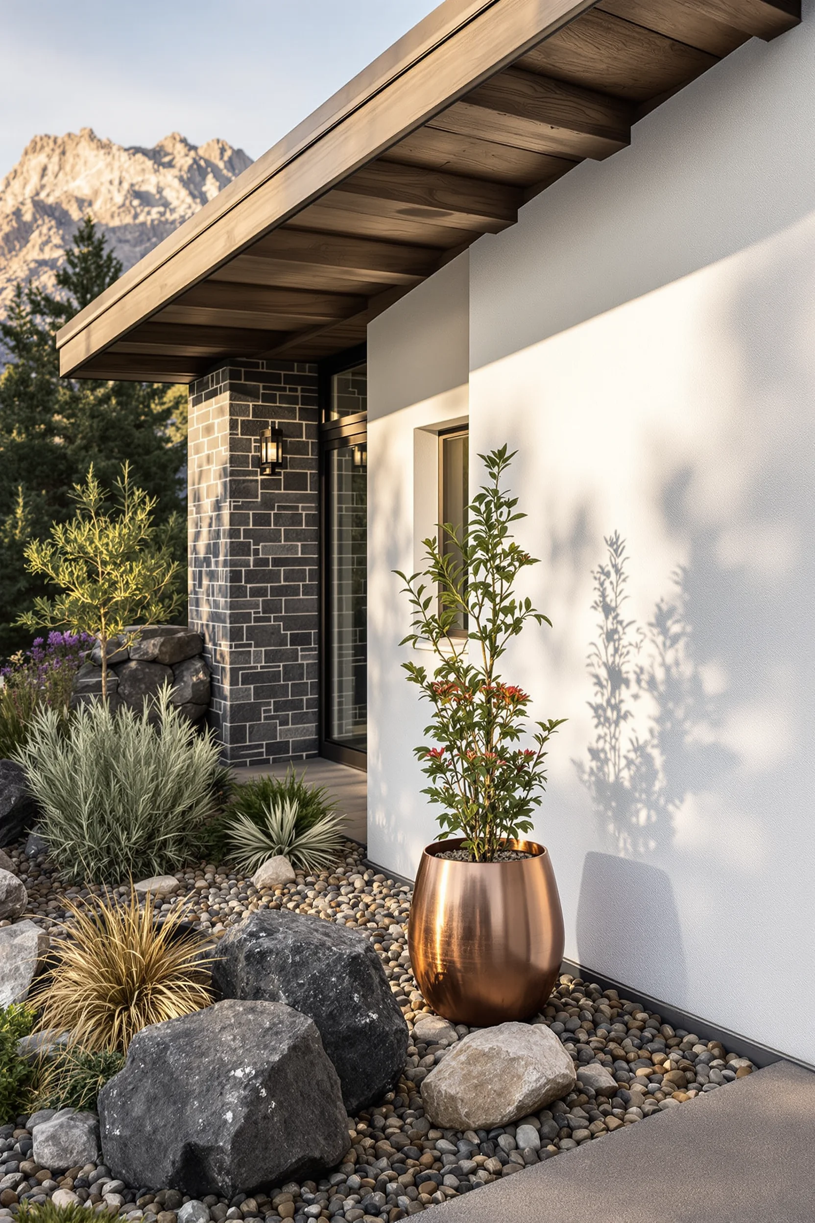 mountain home exterior ideas featuring charcoal stone walls with white stucco and alpine rock garden