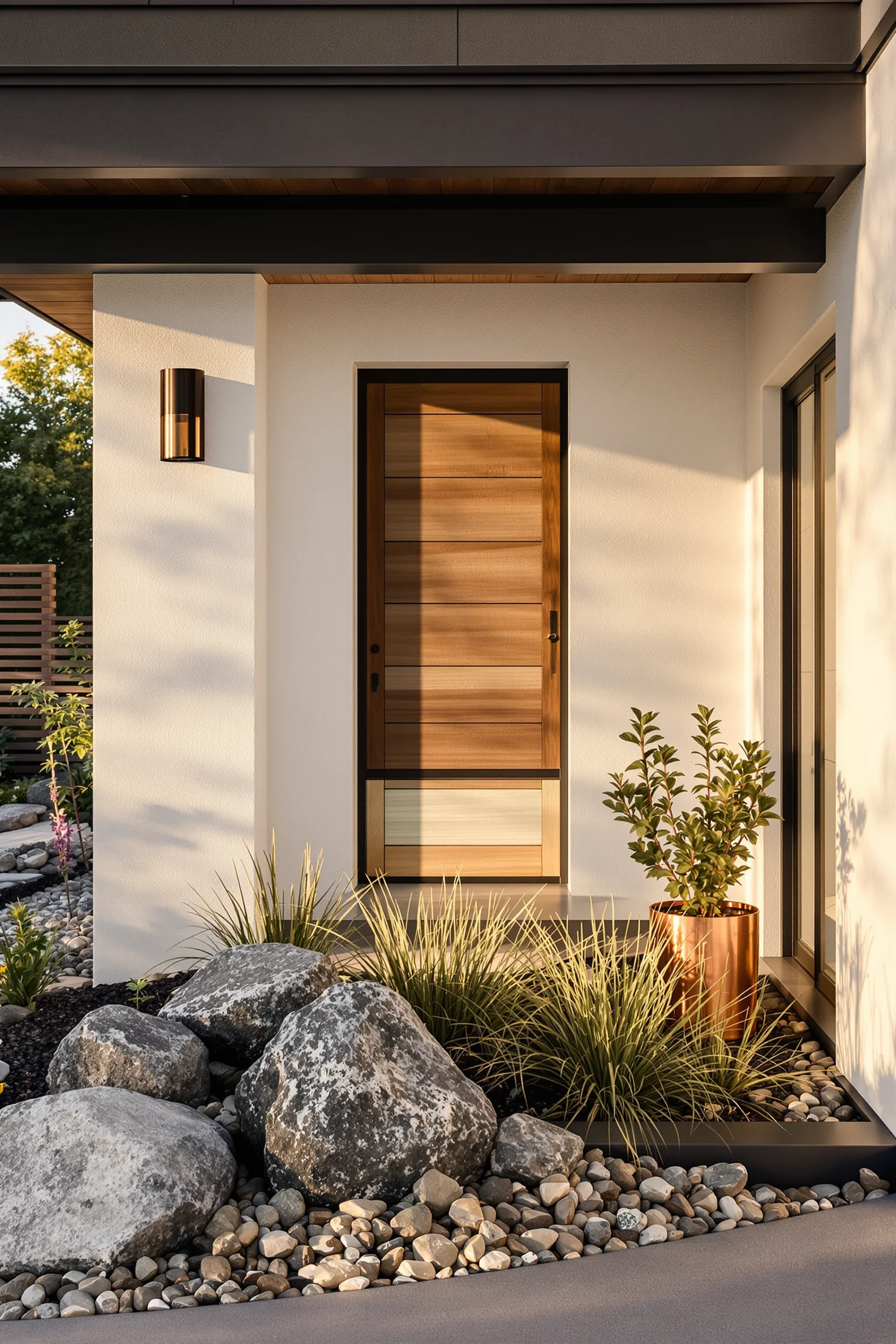 mountain home exterior inspiration with drought resistant plants steel edging and dramatic shadow effects