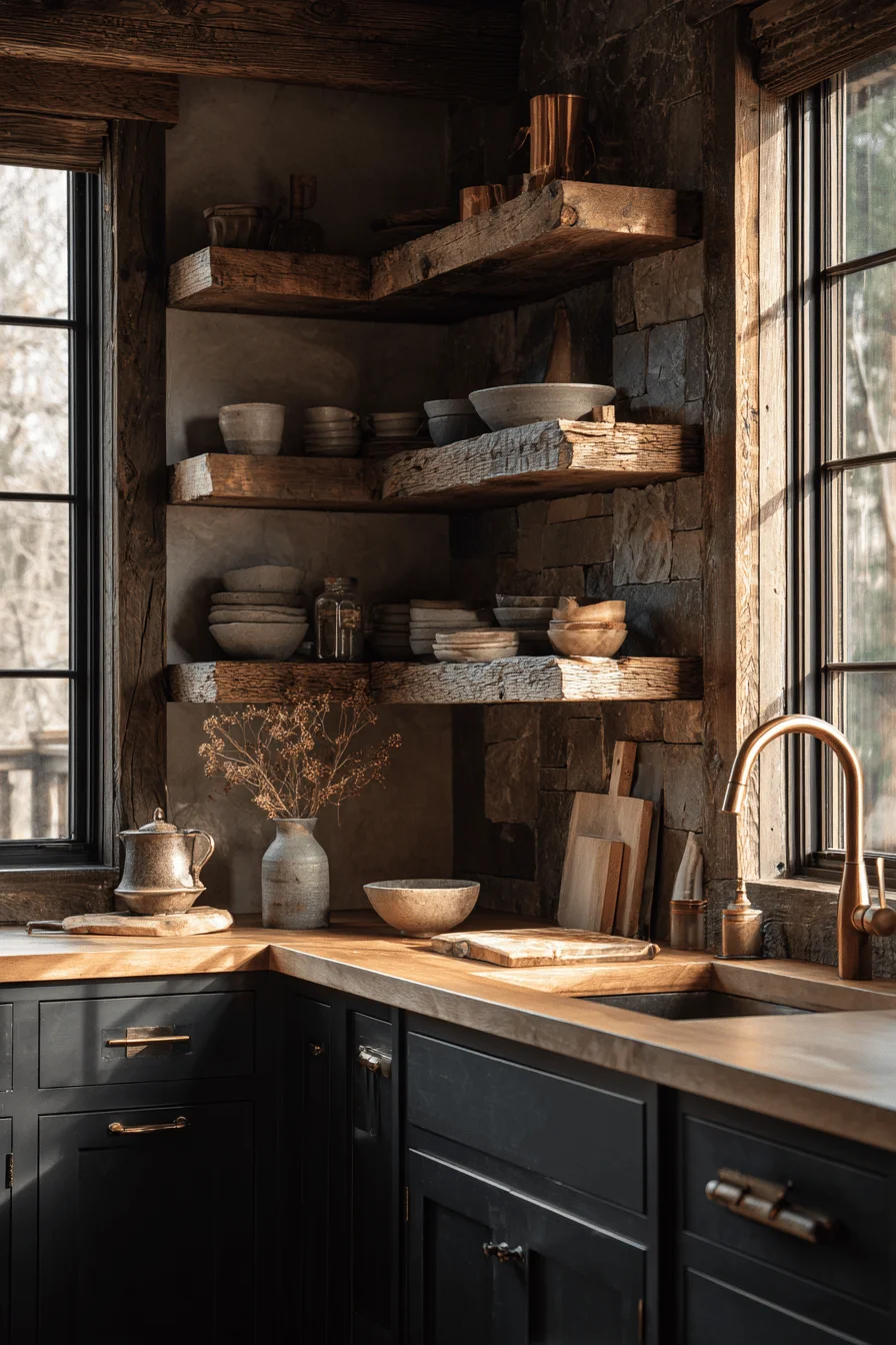 mountain home kitchen aesthetics displaying charcoal cabinets honey pine shelves and professional lighting