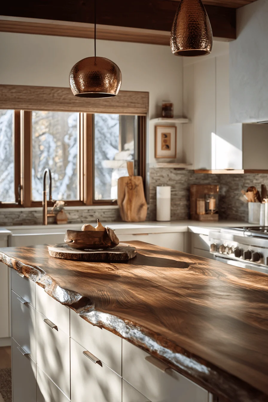 mountain home kitchen designs showcasing walnut grain counters copper pendant lights and stone backsplash details