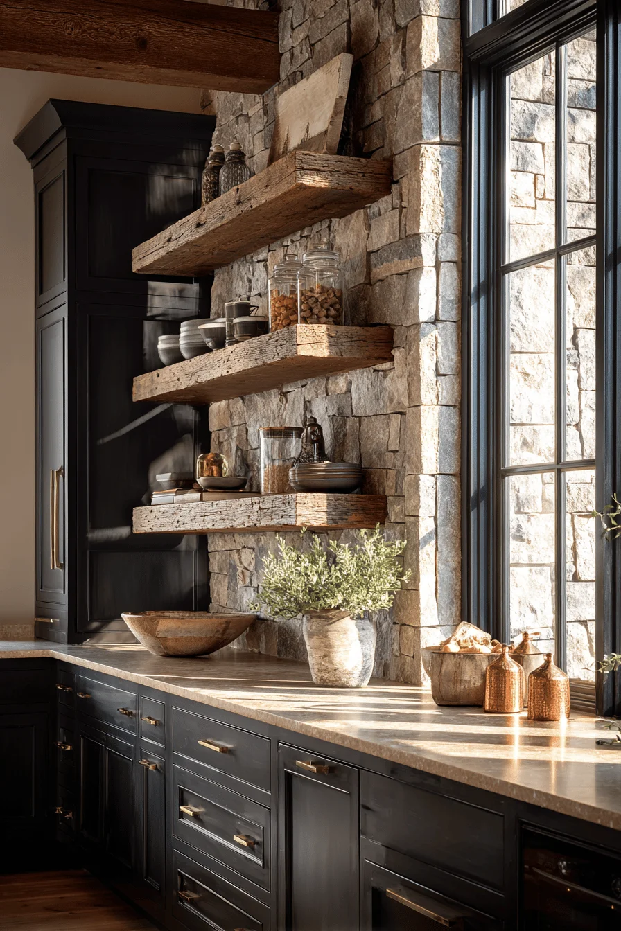 mountain home kitchen inspiration showcasing rustic open shelving system with brass hardware details