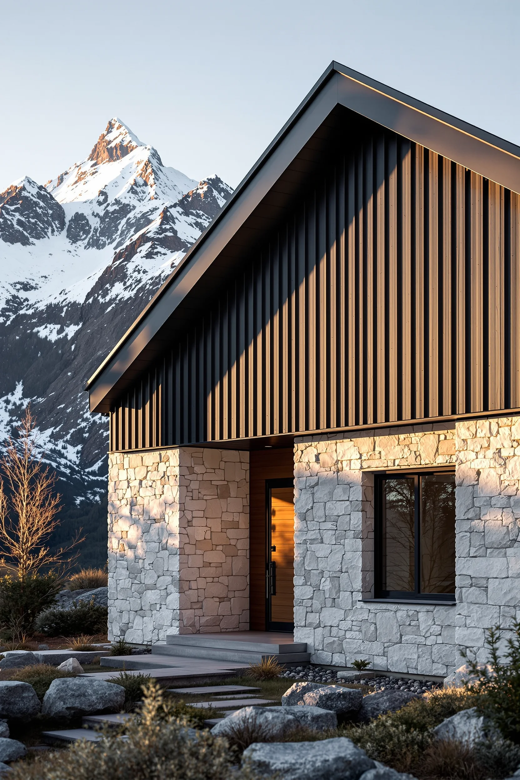 mountain homes exterior inspiration displaying weathered timber accents with minimalist window frames mountain backdrop