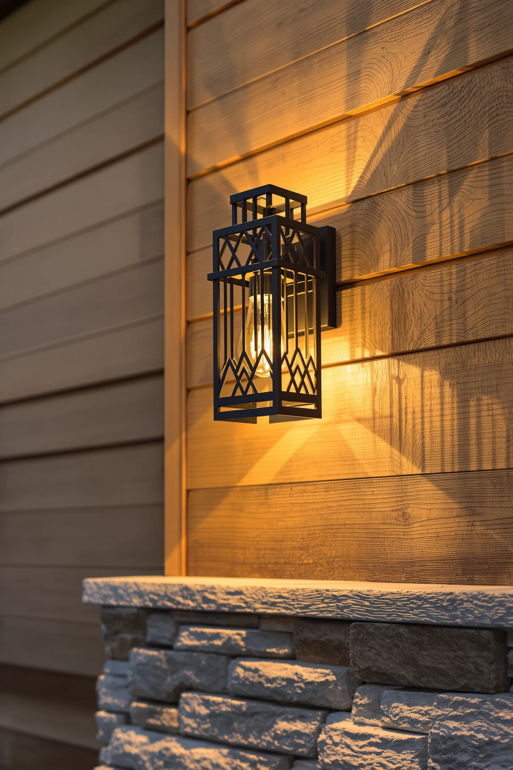 mountain house exterior ideas featuring black metal lighting against warm wood siding