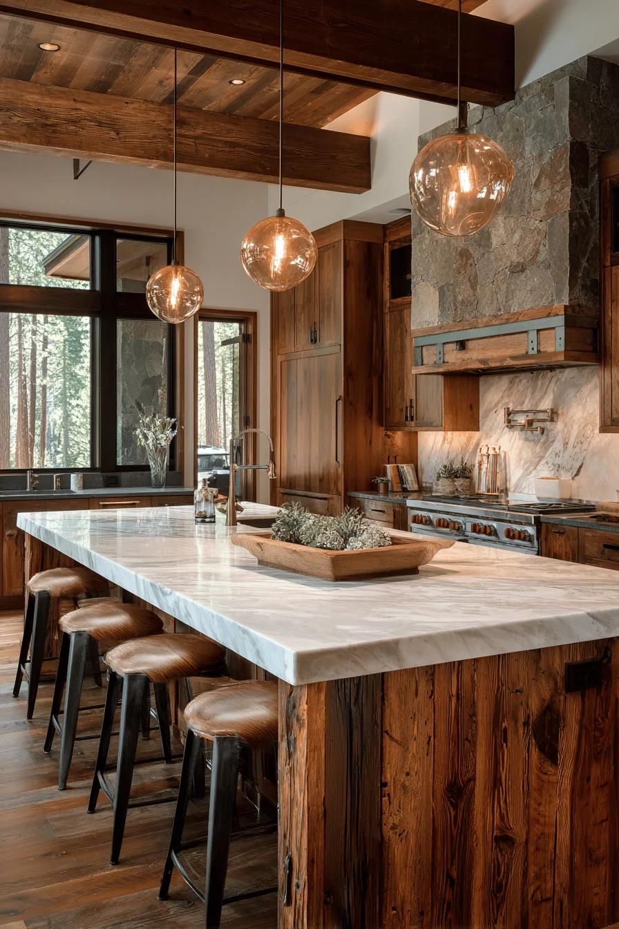 mountain house kitchen designs showing exposed beam ceiling with copper hardware and stone backsplash details