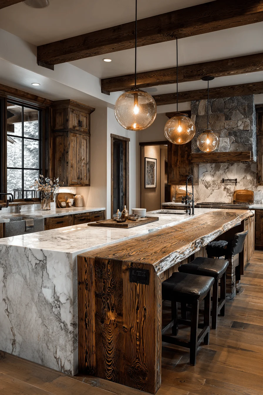mountain house kitchen ideas featuring reclaimed wood island with marble waterfall countertops and pendant lighting
