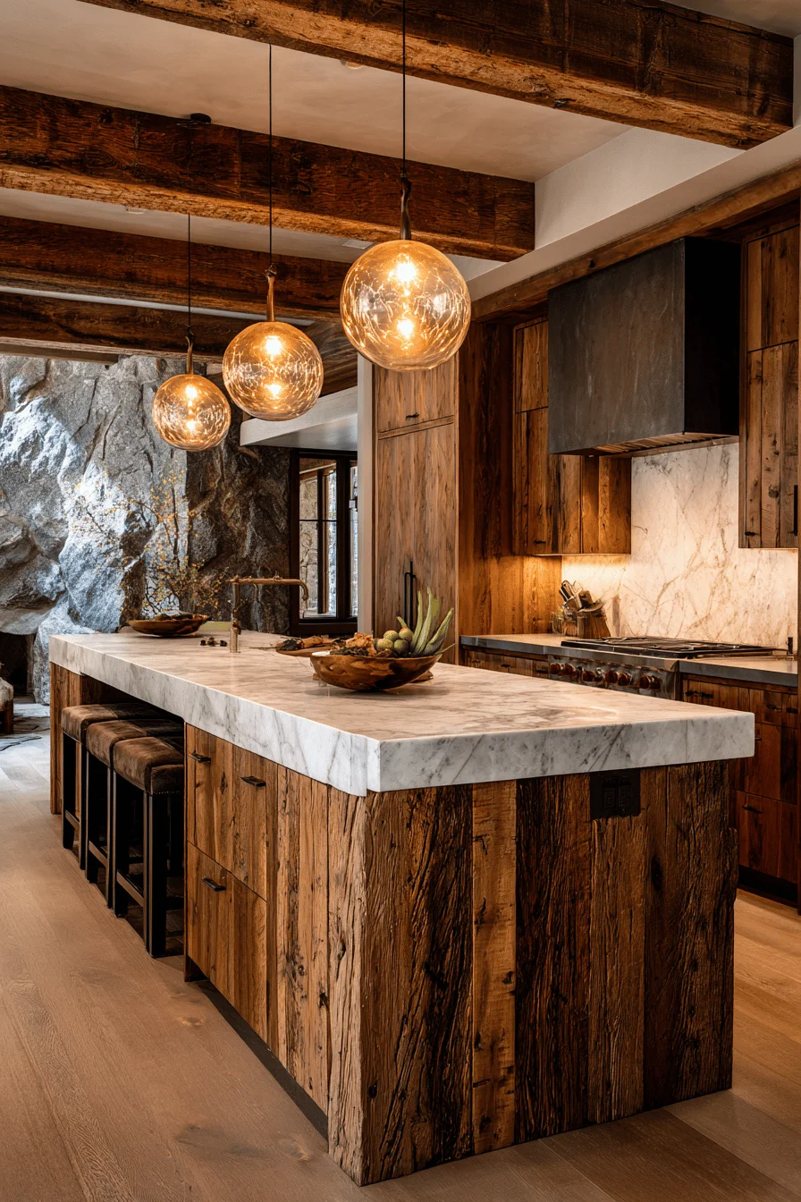 mountain house kitchen inspiration displaying dramatic pendant lights over large wood island with marble surfaces