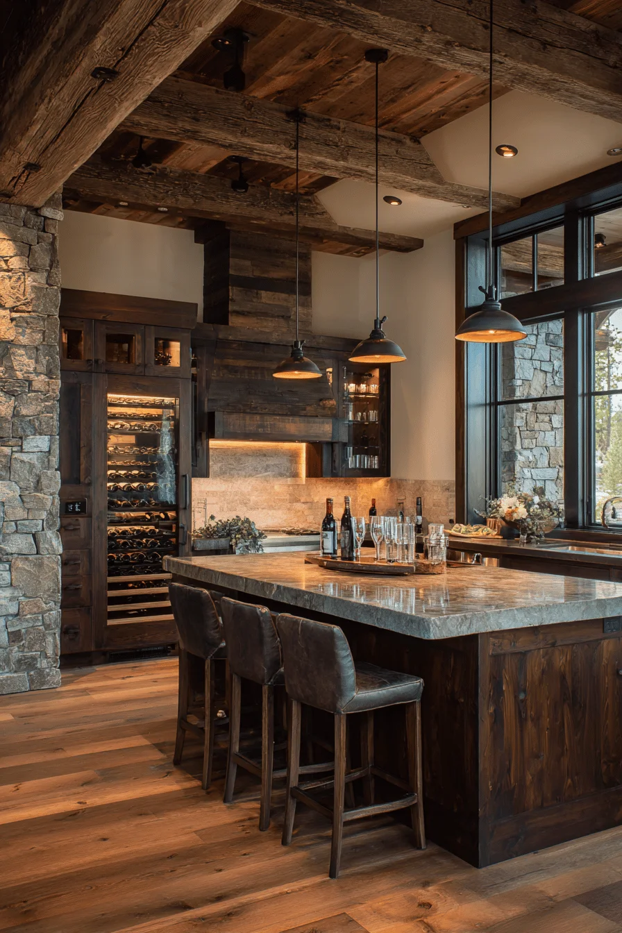 mountain kitchen aesthetics highlighting rich wood grain textures with professional lighting and natural elements