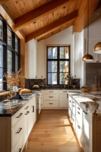 mountain kitchen designs showing honey wood beam contrasting against crisp white cabinetry with brass lighting