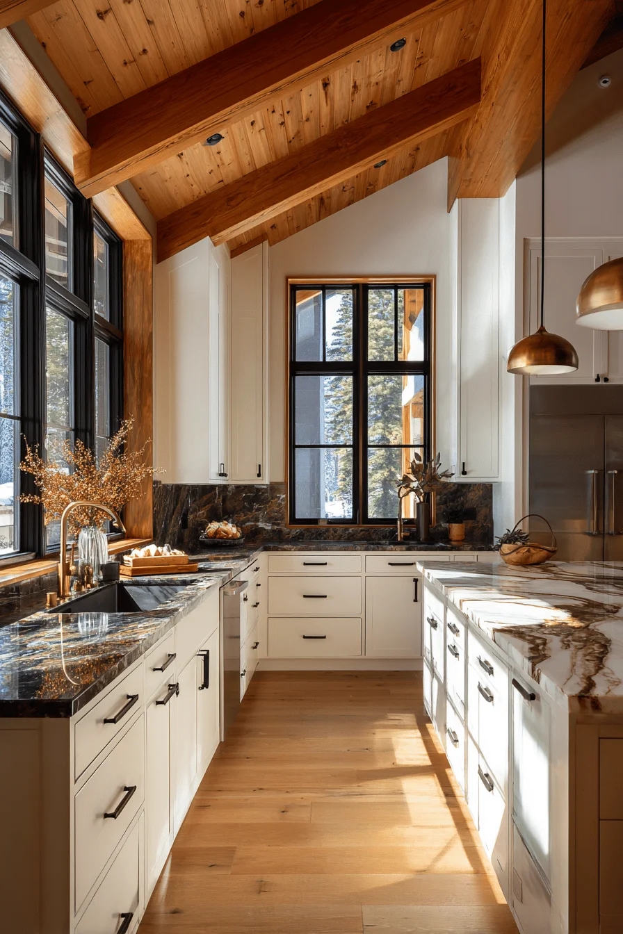 mountain kitchen designs showing honey wood beam contrasting against crisp white cabinetry with brass lighting