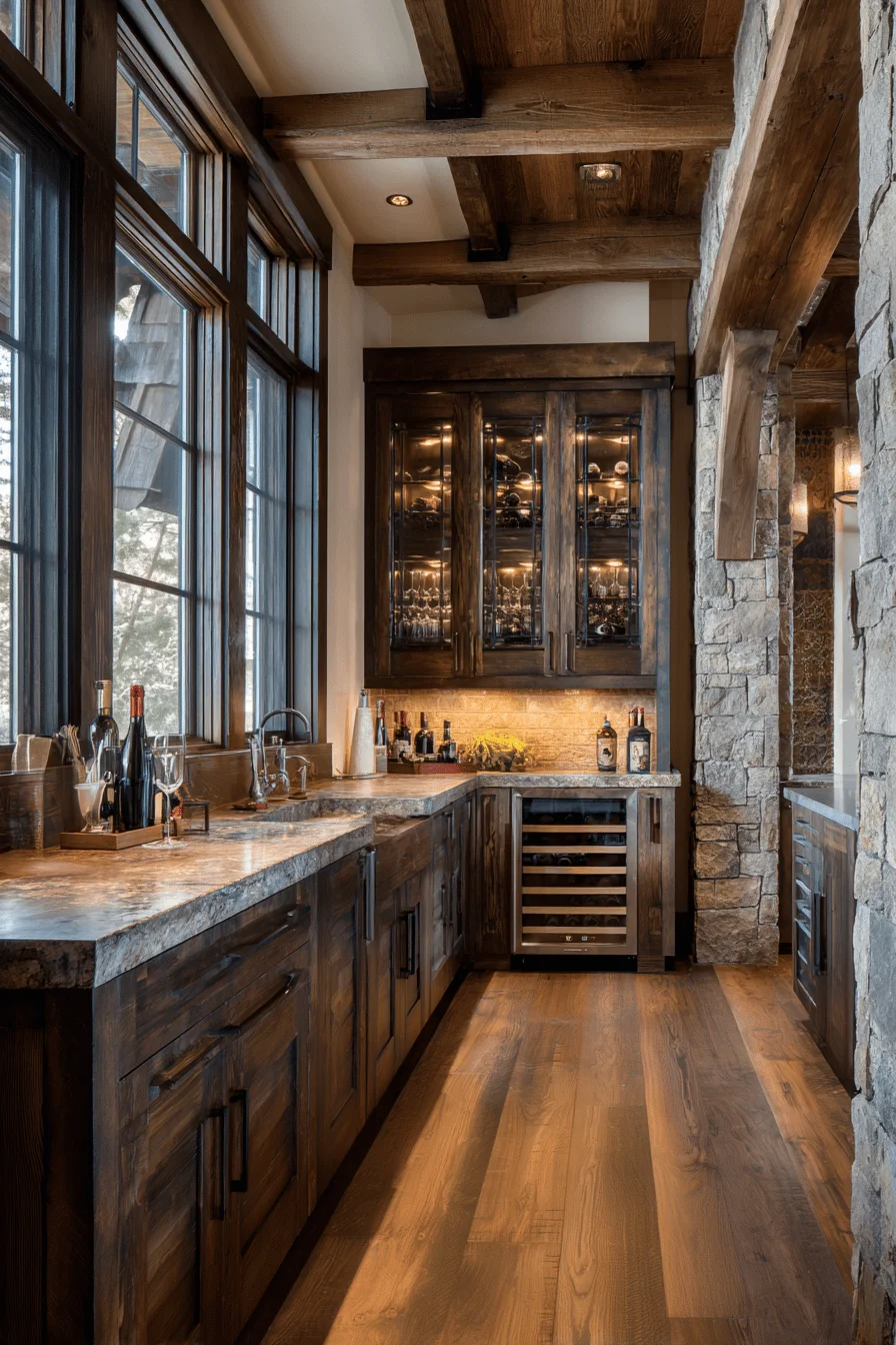 mountain kitchen ideas featuring dark walnut cabinets with built in wine storage and natural lighting
