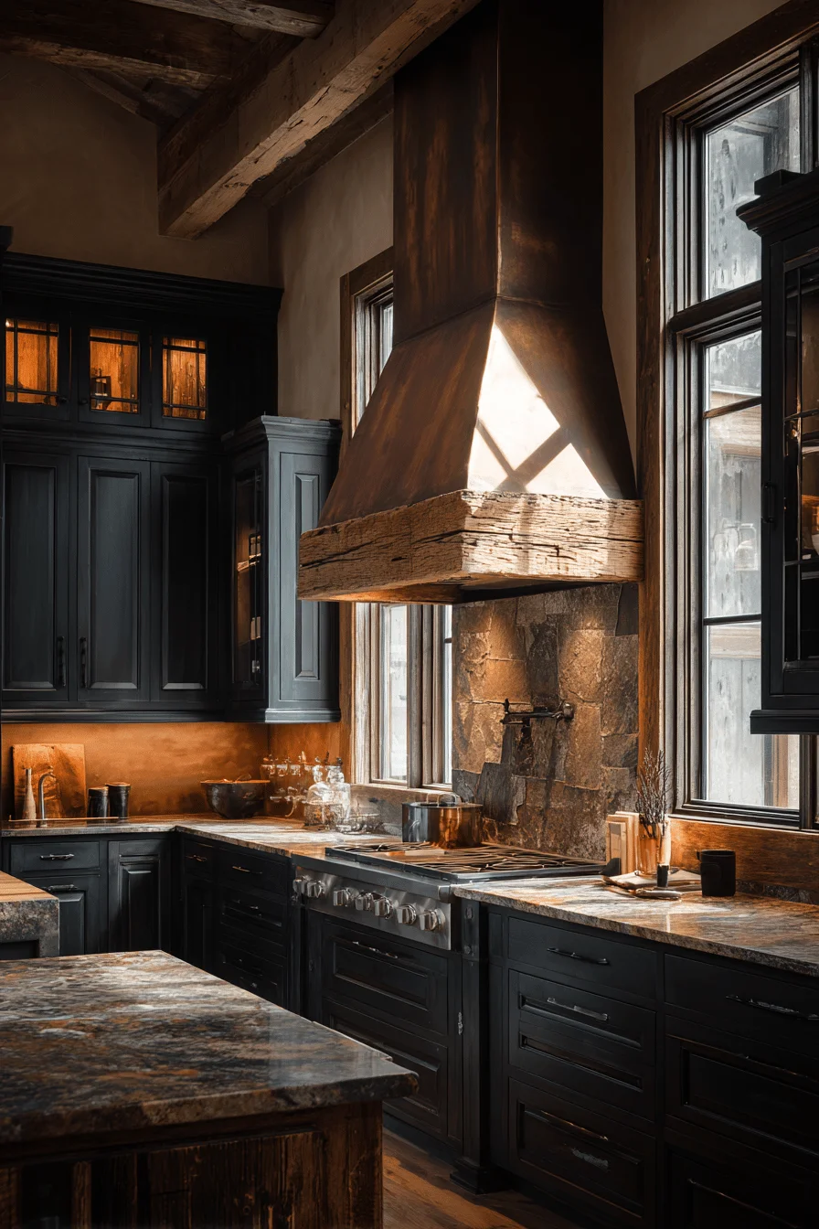 mountain kitchen ideas featuring rustic copper range hood with reclaimed wood accents and charcoal cabinetry