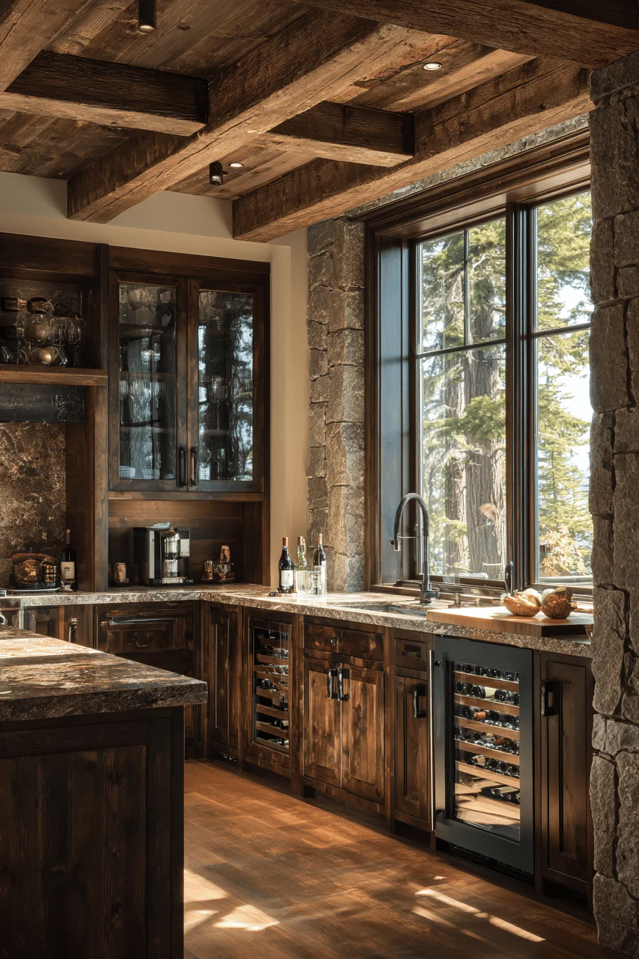mountain kitchen inspiration displaying floor to ceiling cabinetry with oversized windows and warm lighting
