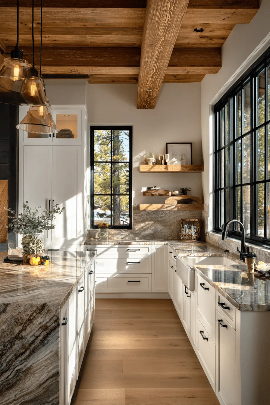mountain kitchen inspiration with dramatic ceiling beam vintage pendant light and hand forged hardware details