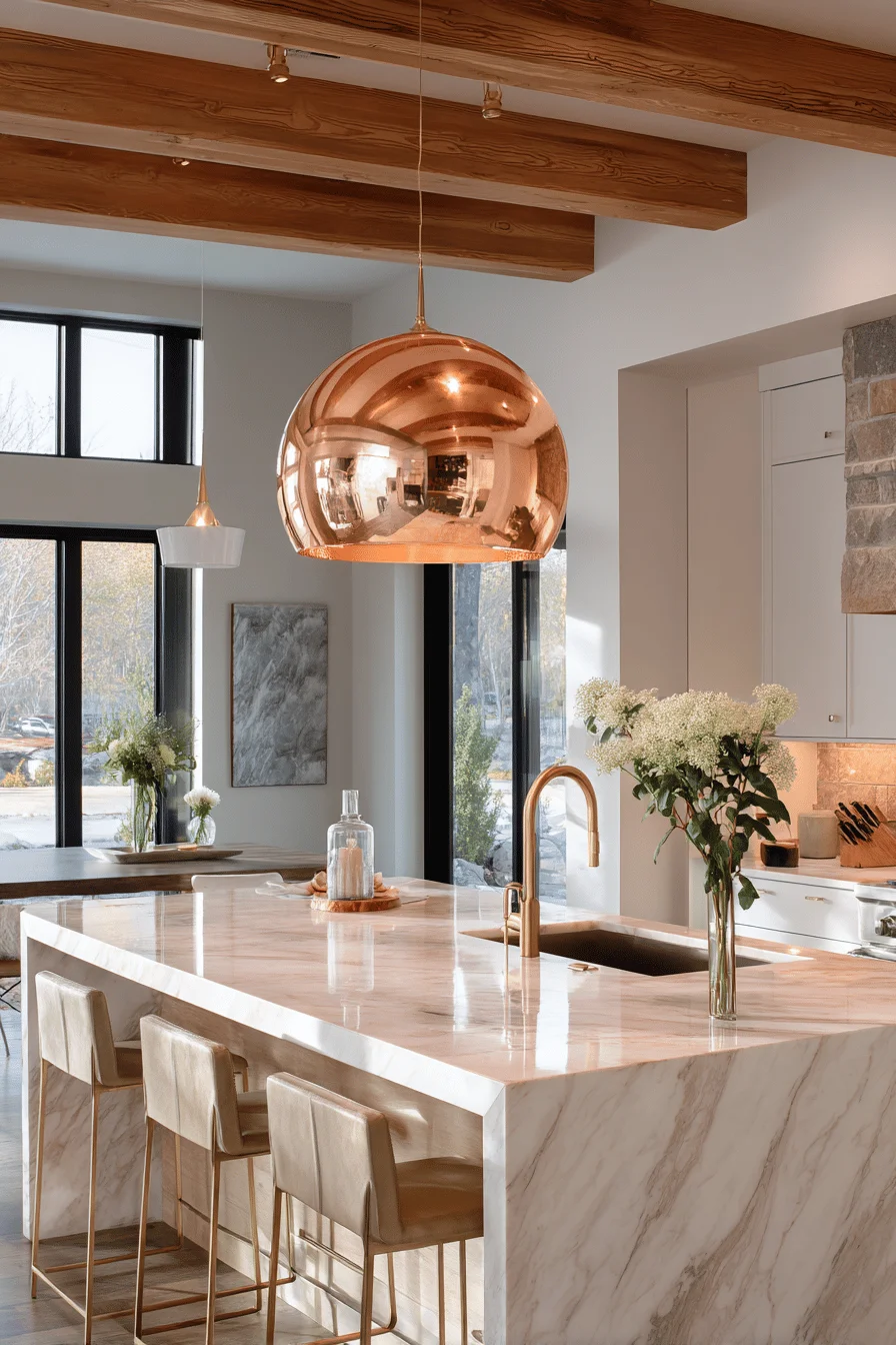 mountain lodge kitchen aesthetics displaying warm copper lighting contrasting against crisp white cabinetry