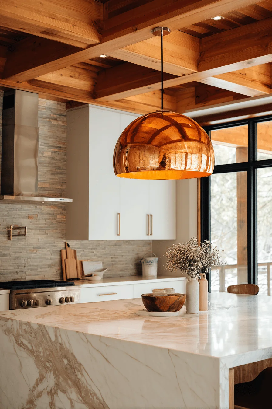 mountain lodge kitchen designs with oversized copper lighting suspended above white marble island countertop