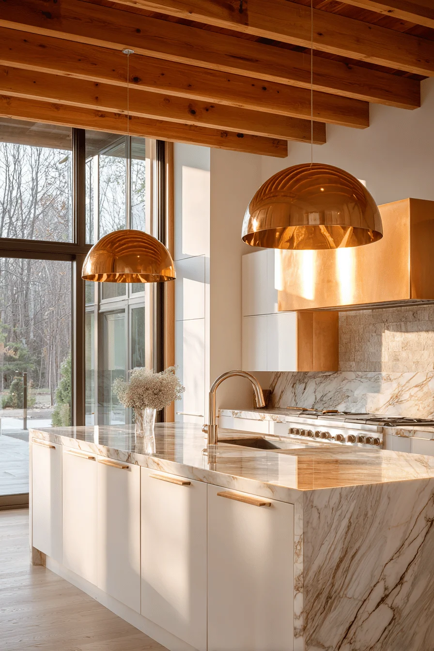 mountain lodge kitchen ideas featuring copper pendant light over marble waterfall island with golden sunlight
